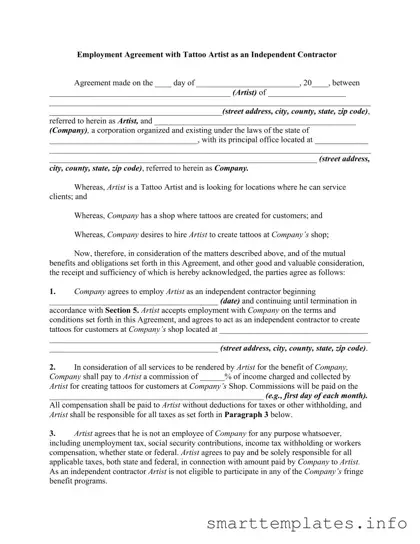 Fill in a Valid Tattoo Shop Artist Agreement Form
