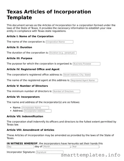 Legal Articles of Incorporation Template for Texas State