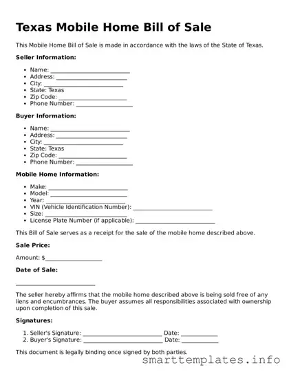 Legal Mobile Home Bill of Sale Template for Texas State
