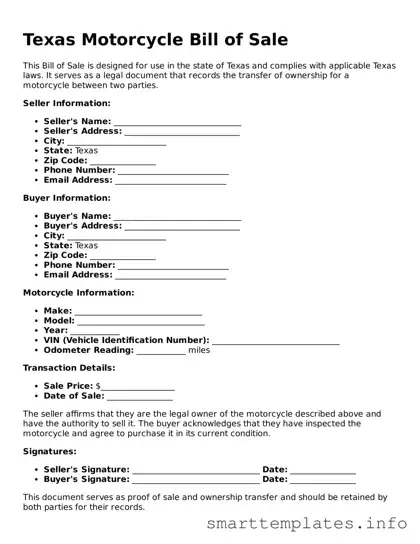Legal Motorcycle Bill of Sale Template for Texas State