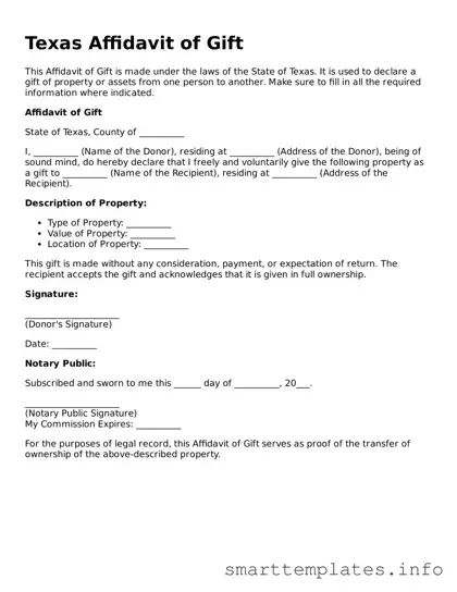 Legal Affidavit of Gift Template for Texas State