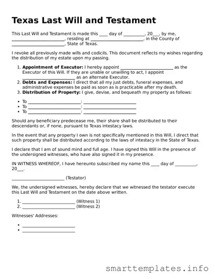 Legal Last Will and Testament Template for Texas State