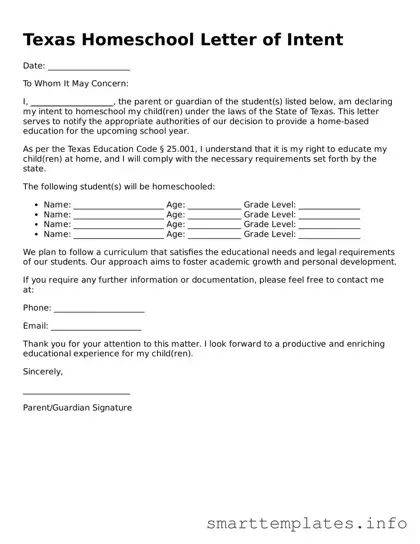 Legal Homeschool Letter of Intent Template for Texas State