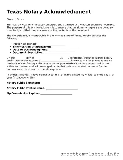 Legal Notary Acknowledgement Template for Texas State