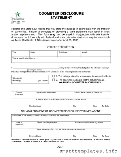 Fill in a Valid Texas Odometer Statement Form
