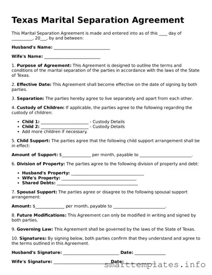 Legal Marital Separation Agreement Template for Texas State