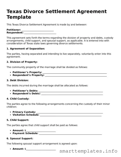 Legal Divorce Settlement Agreement Template for Texas State