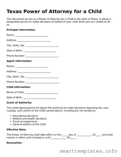 Legal Power of Attorney for a Child Template for Texas State