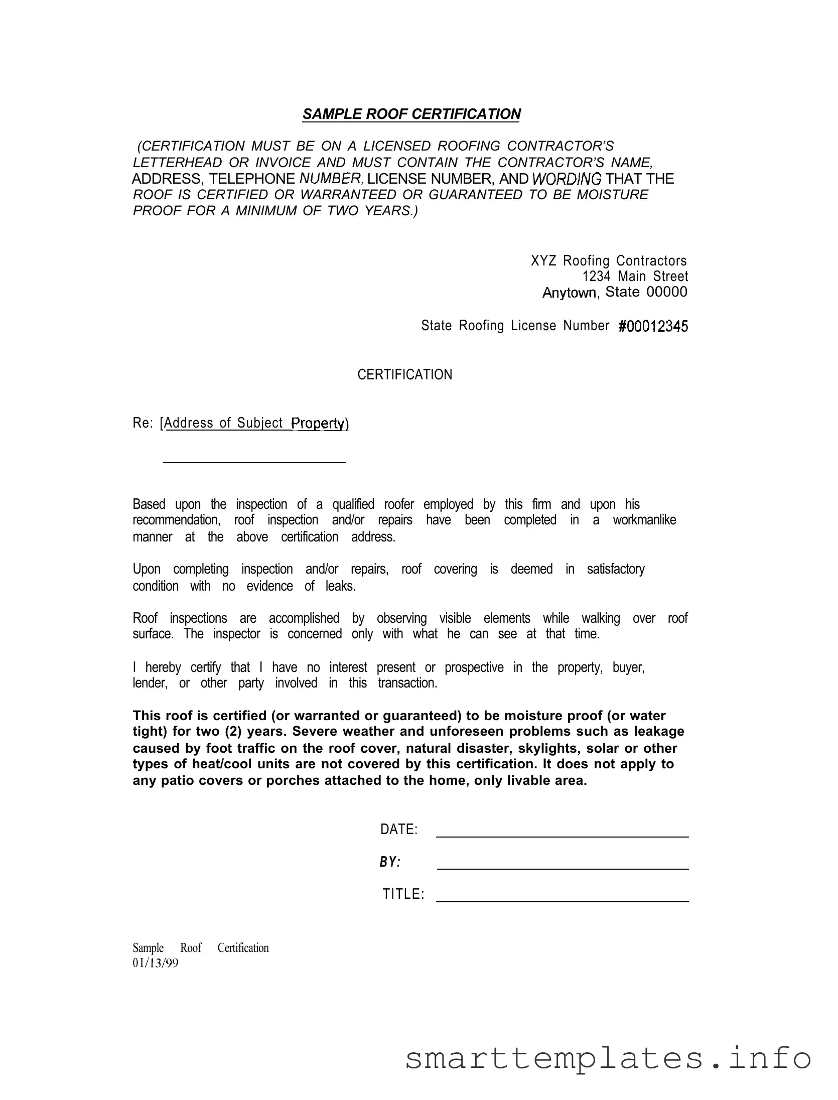 Fill in a Valid Sample Roof Certification Form