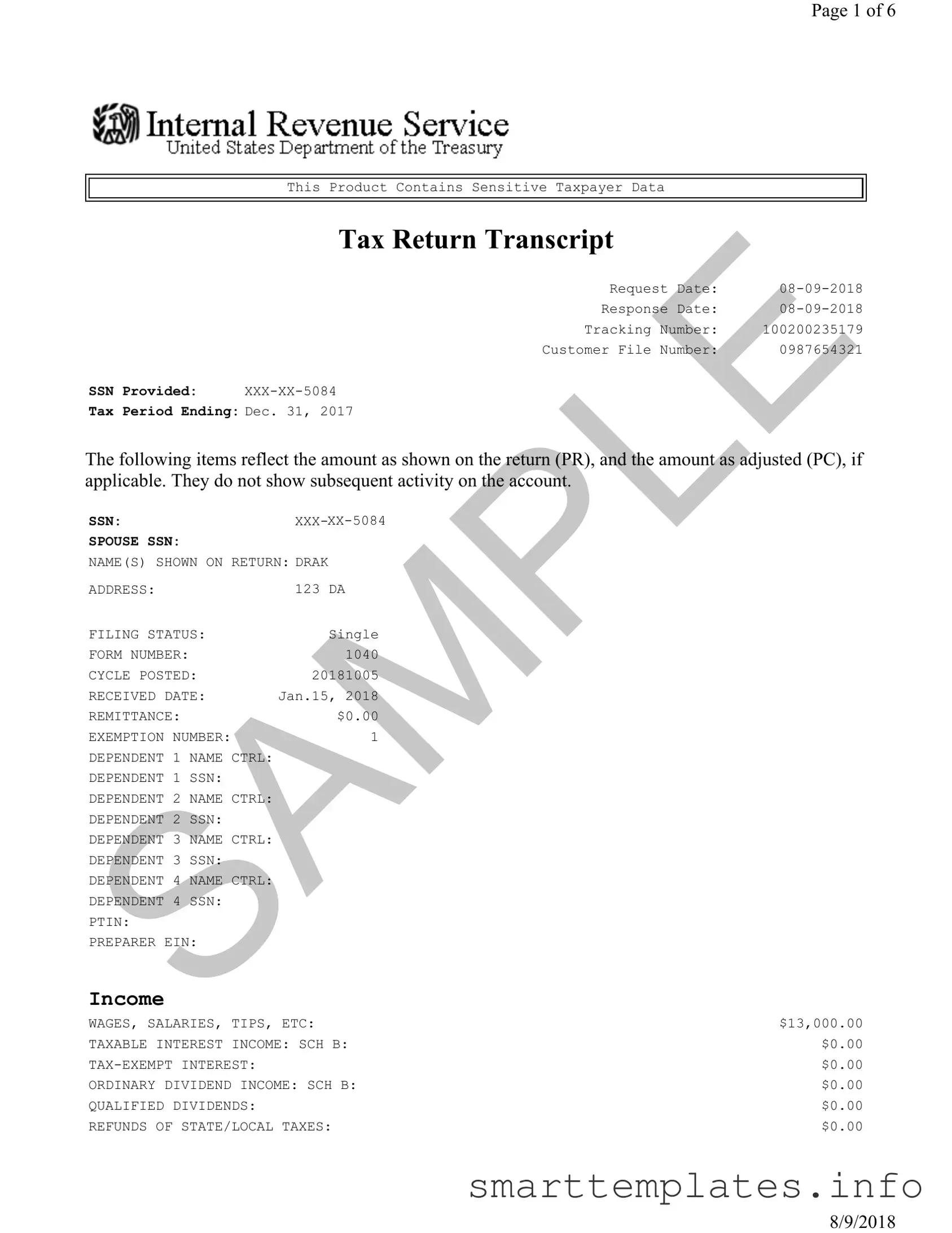 Fill in a Valid Sample Tax Return Transcript Form