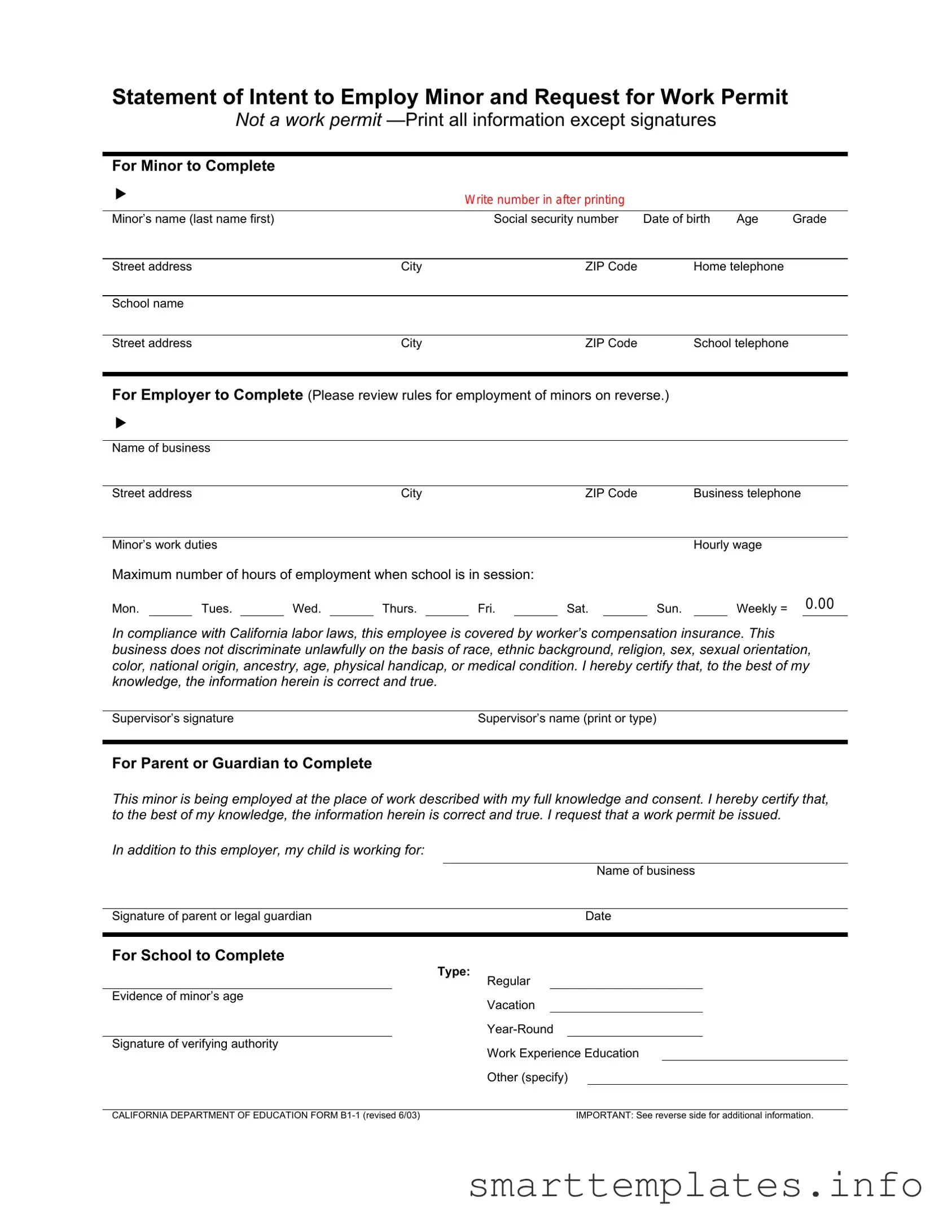 Fill in a Valid Statement of Intent to Employ Minor and Request for Work Permit Form