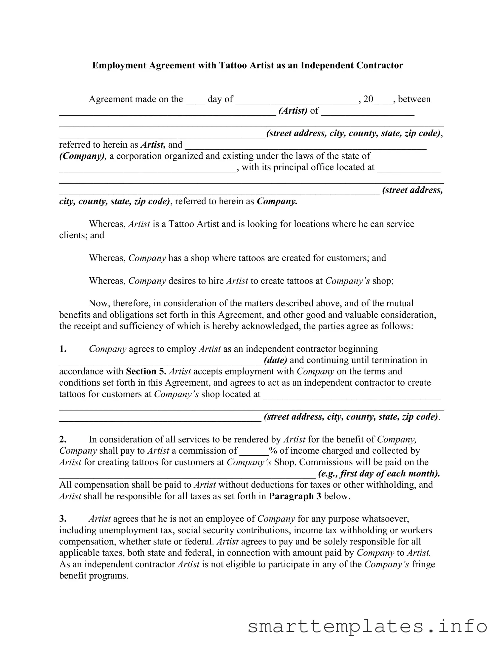 Fill in a Valid Tattoo Shop Artist Agreement Form