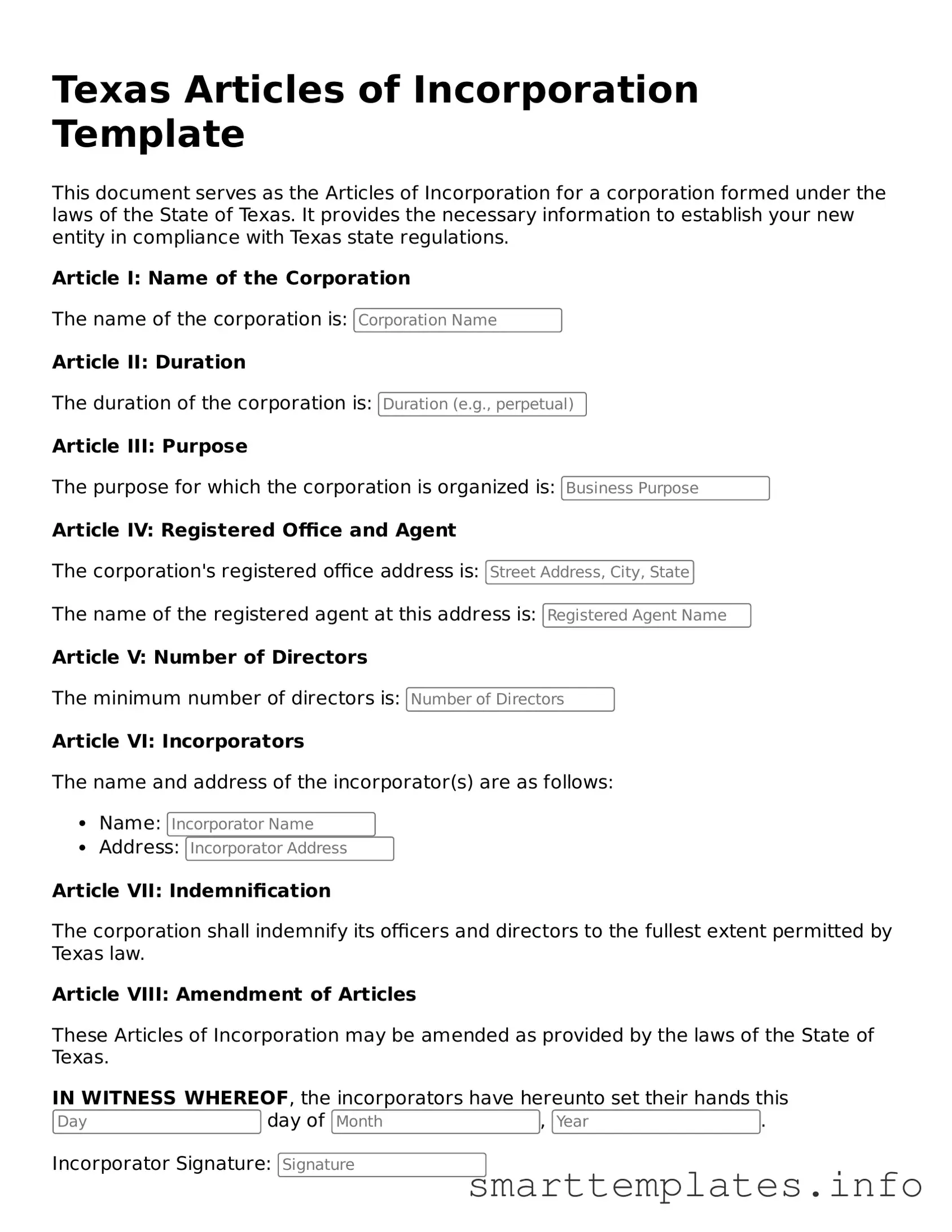 Legal Articles of Incorporation Template for Texas State