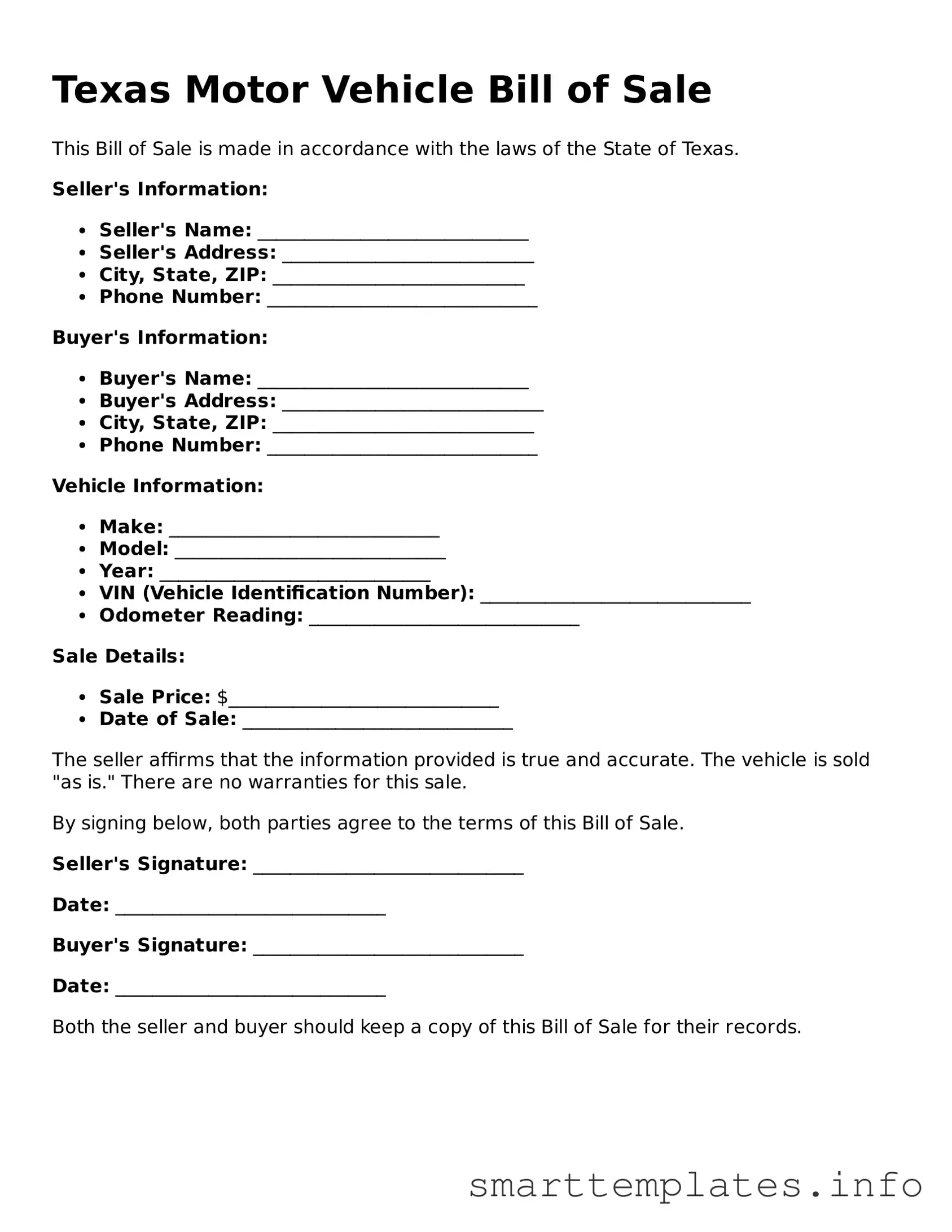 Legal Motor Vehicle Bill of Sale Template for Texas State