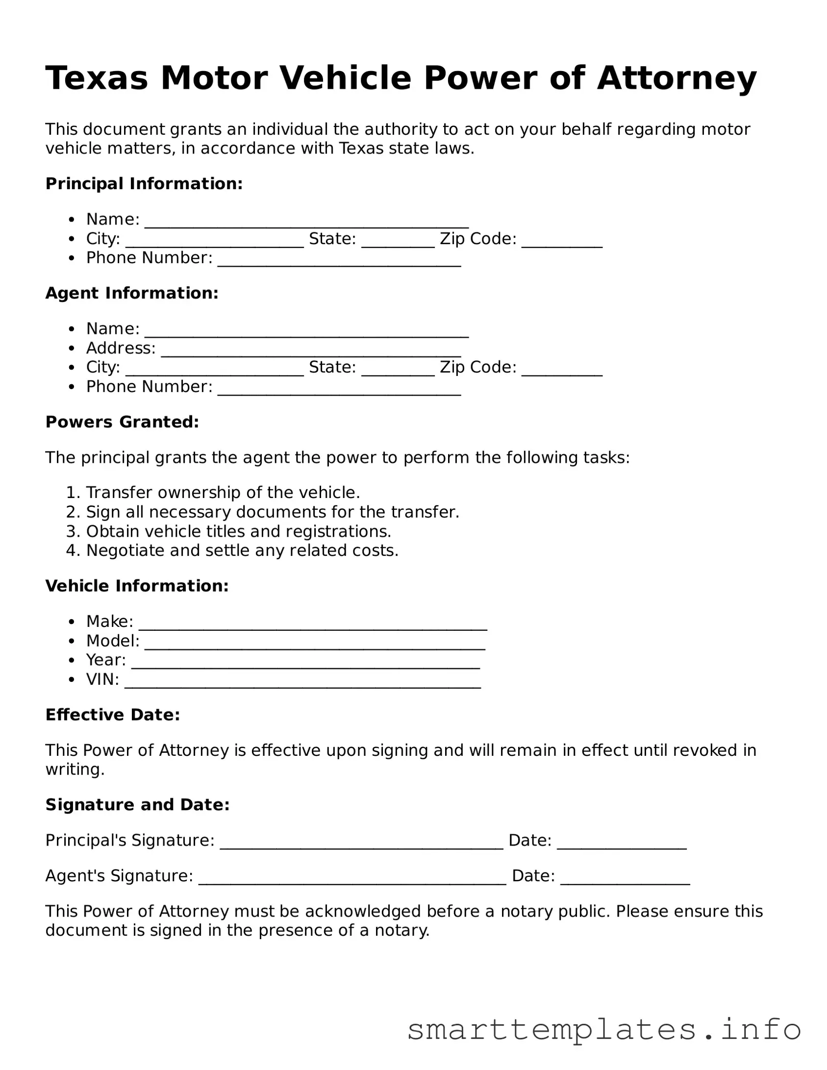 Legal Motor Vehicle Power of Attorney Template for Texas State