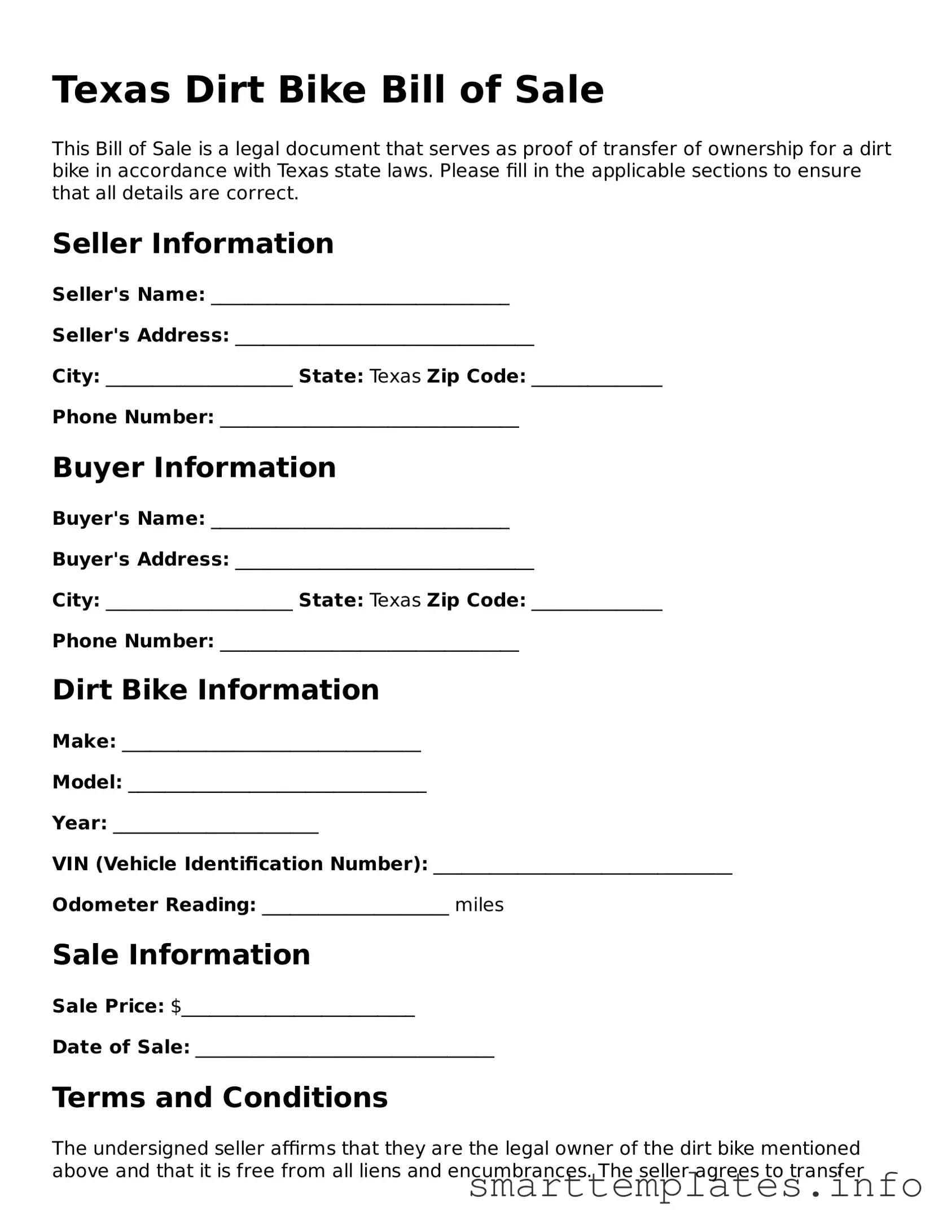 Legal Dirt Bike Bill of Sale Template for Texas State