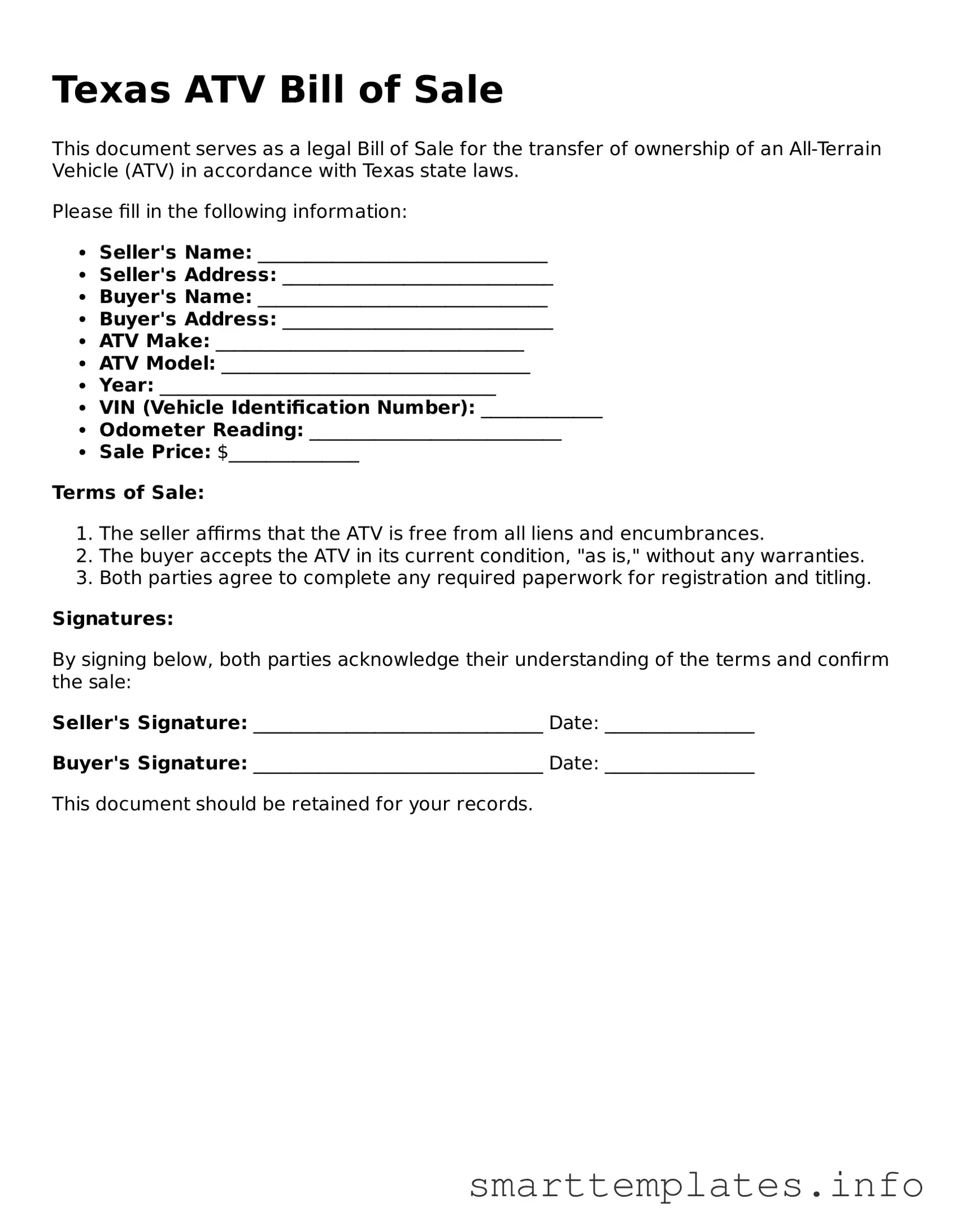 Legal ATV Bill of Sale Template for Texas State