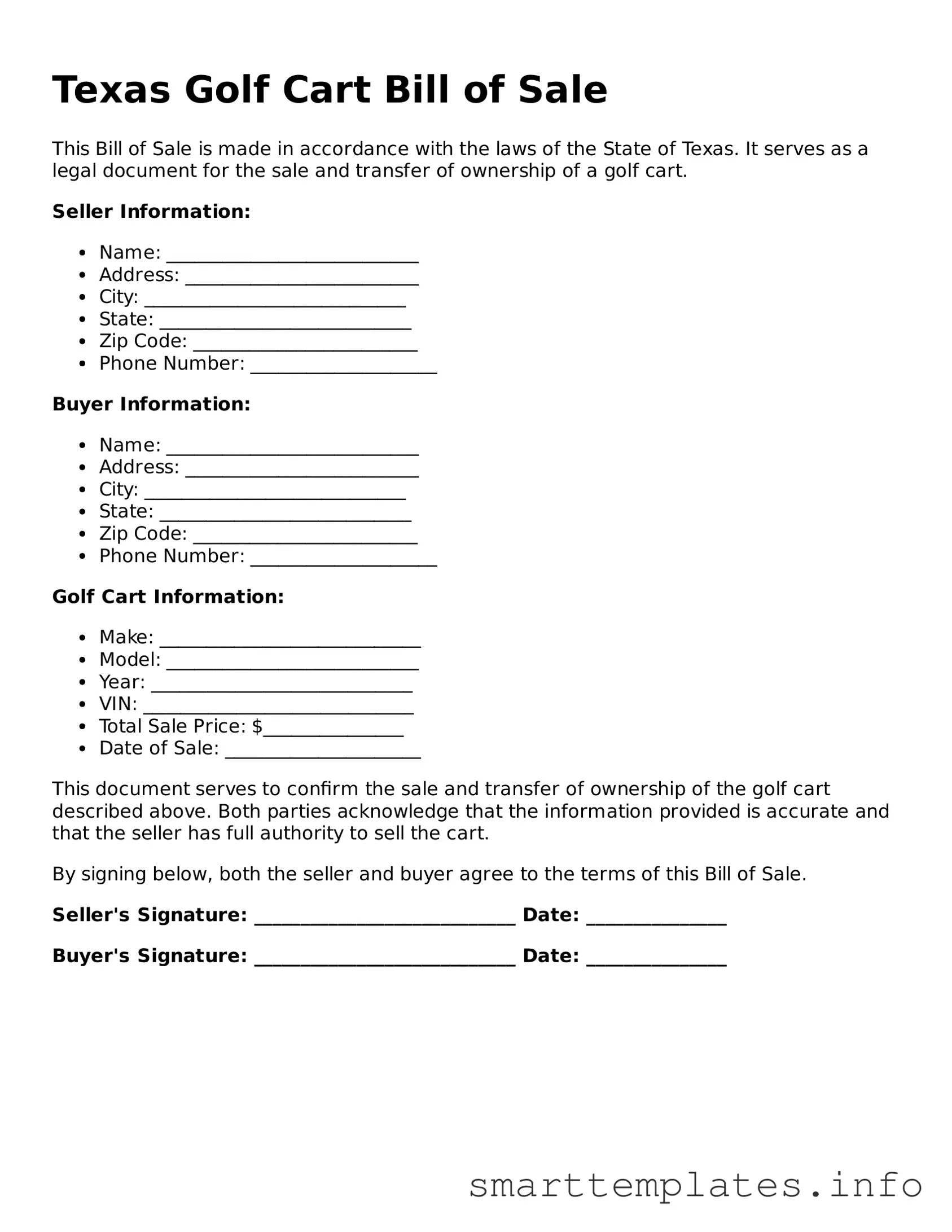 Legal Golf Cart Bill of Sale Template for Texas State