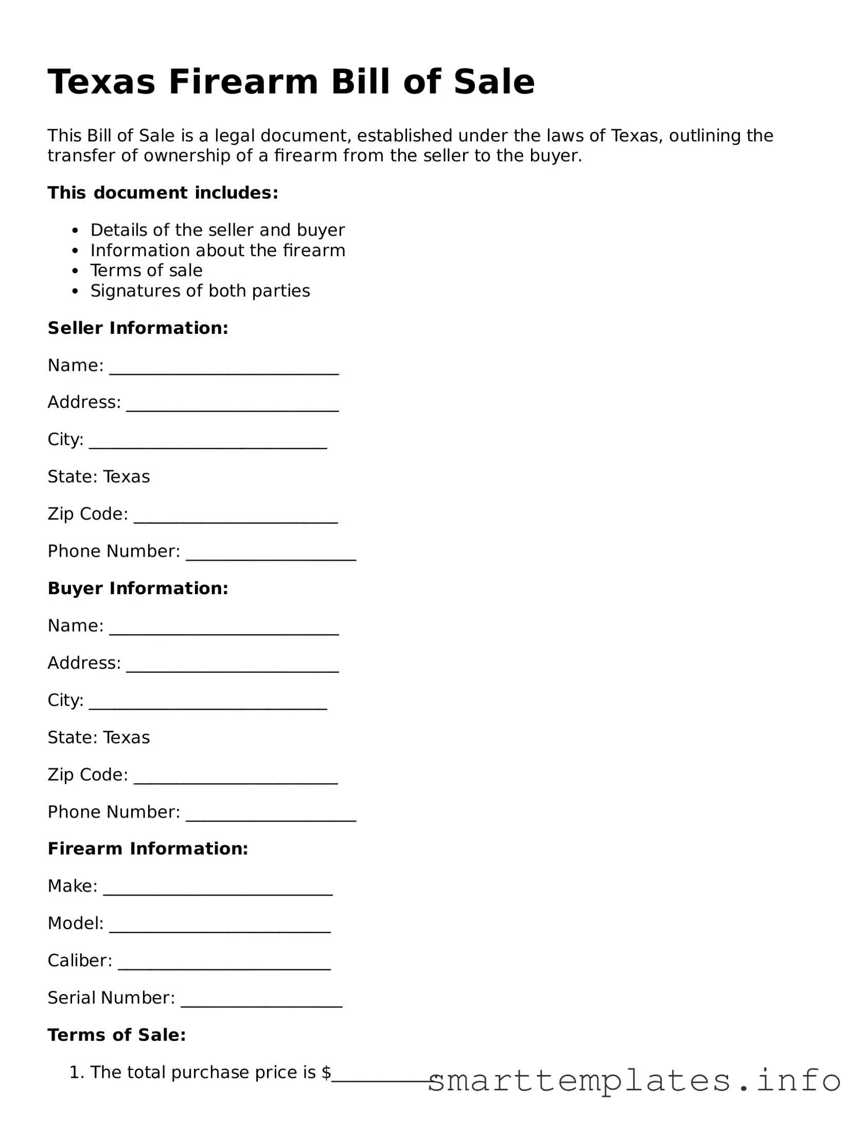 Legal Firearm Bill of Sale Template for Texas State