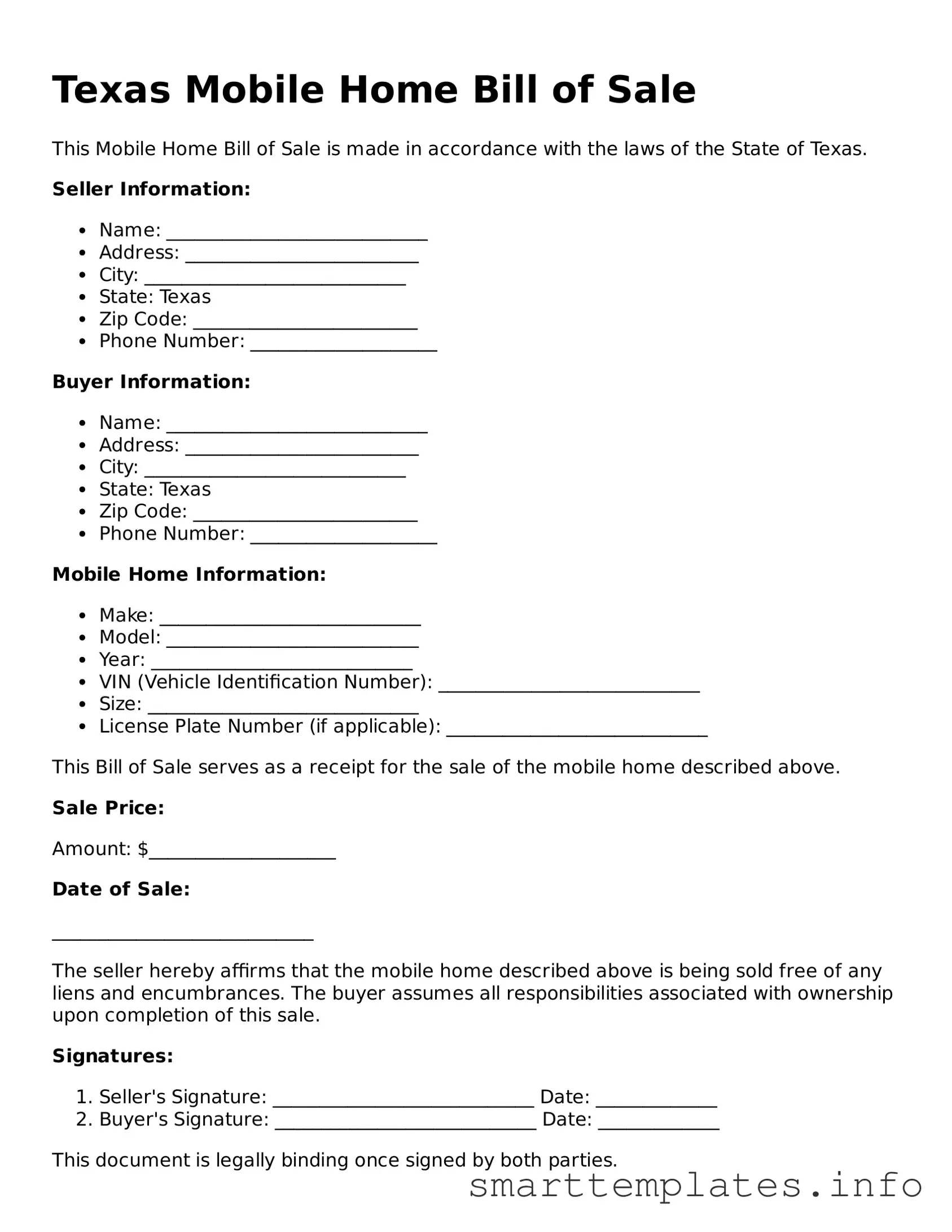 Legal Mobile Home Bill of Sale Template for Texas State