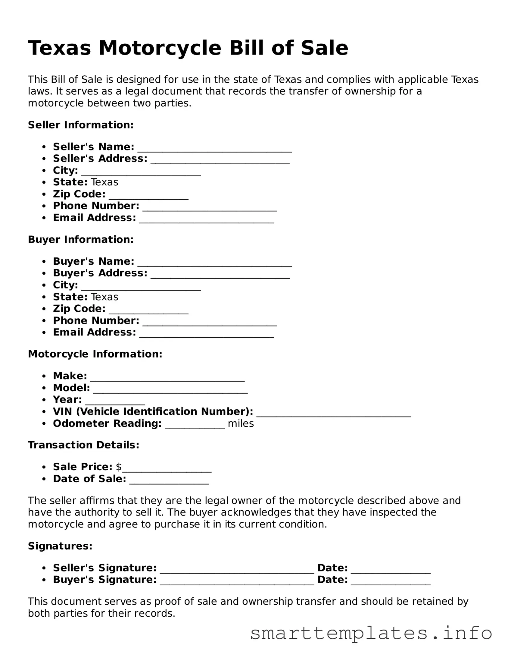 Legal Motorcycle Bill of Sale Template for Texas State