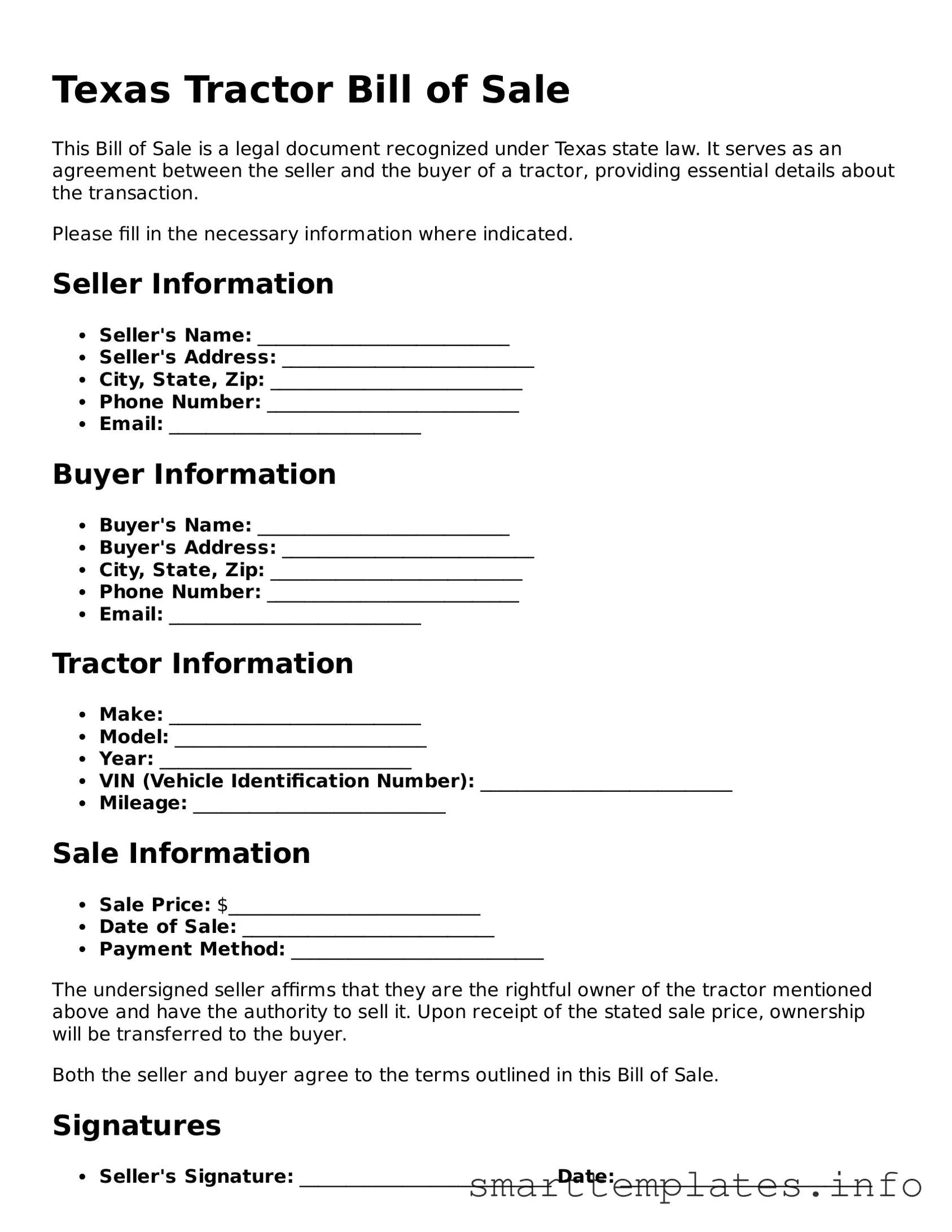 Legal Tractor Bill of Sale Template for Texas State