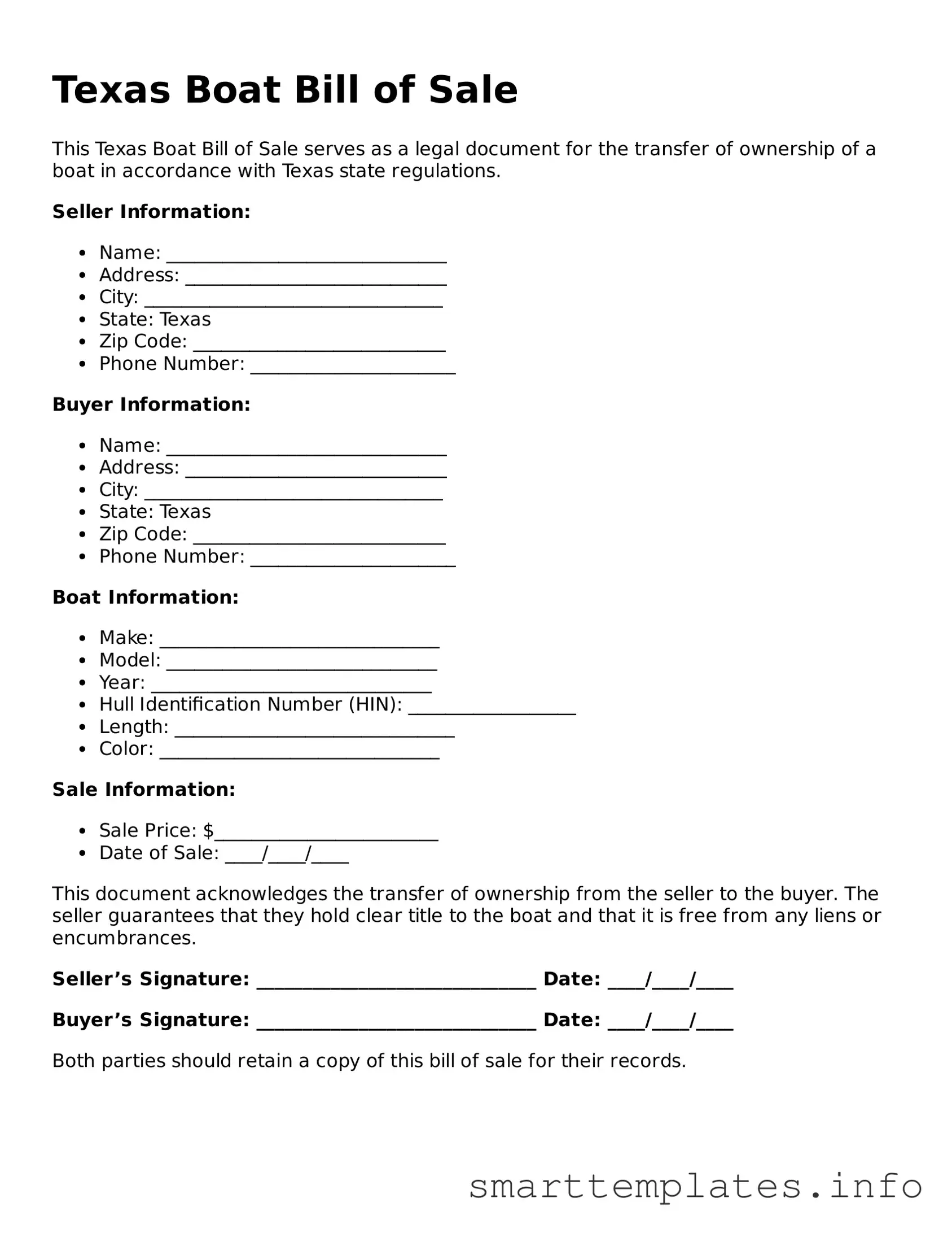 Legal Boat Bill of Sale Template for Texas State