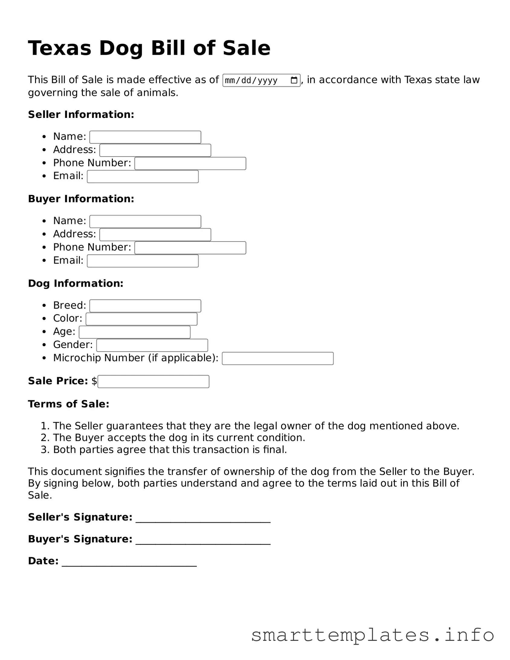 Legal Dog Bill of Sale Template for Texas State