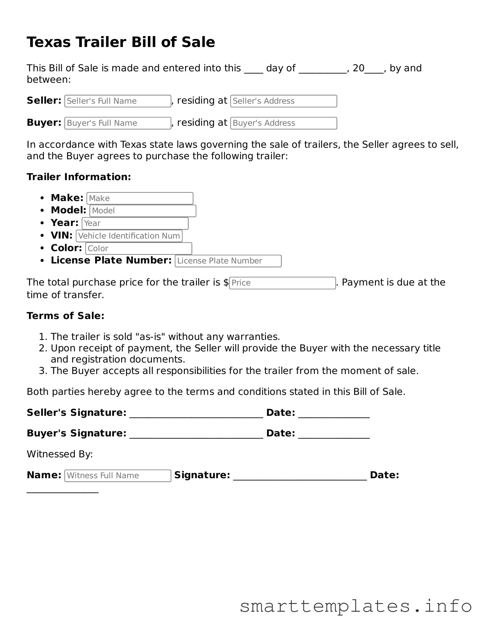 Legal Trailer Bill of Sale Template for Texas State