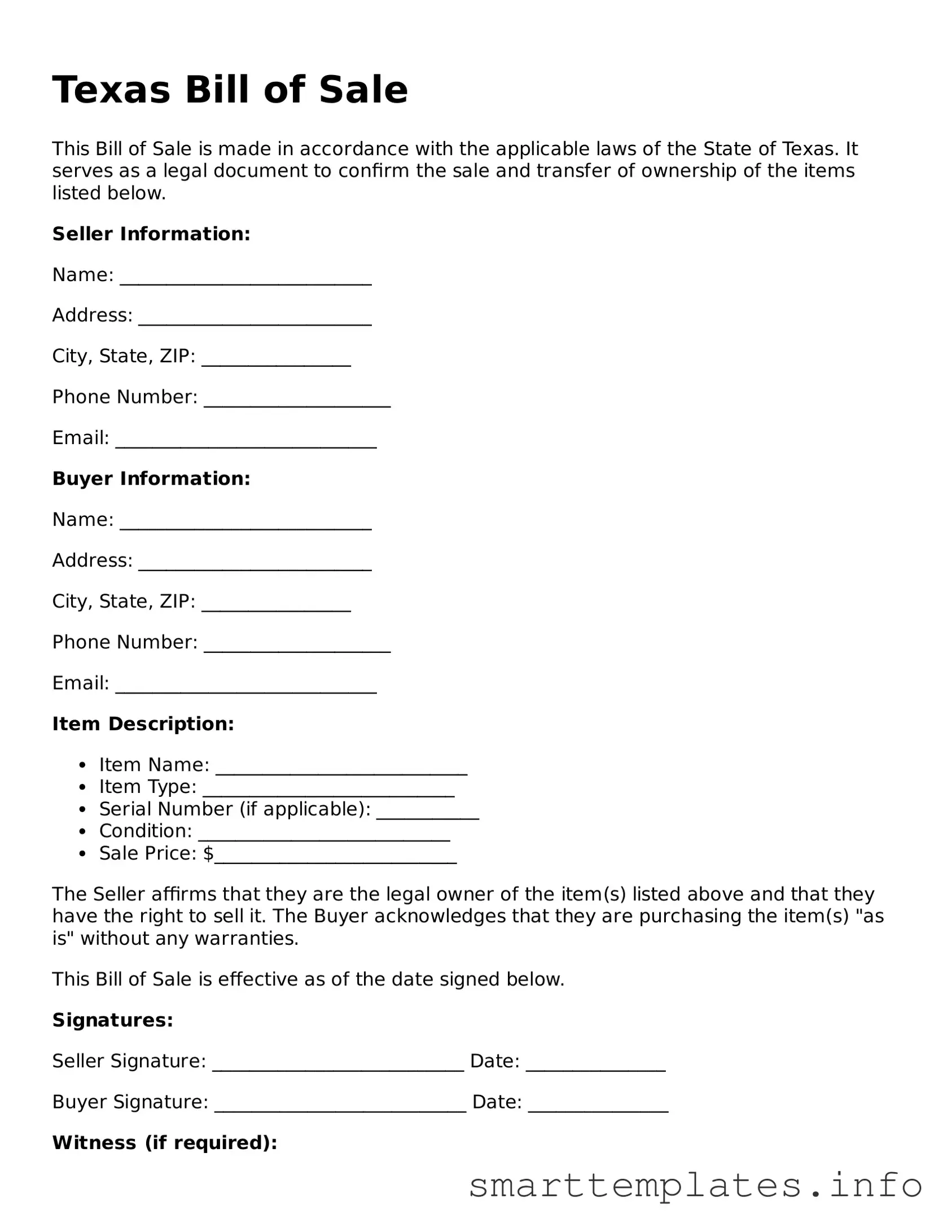 Legal Bill of Sale Template for Texas State