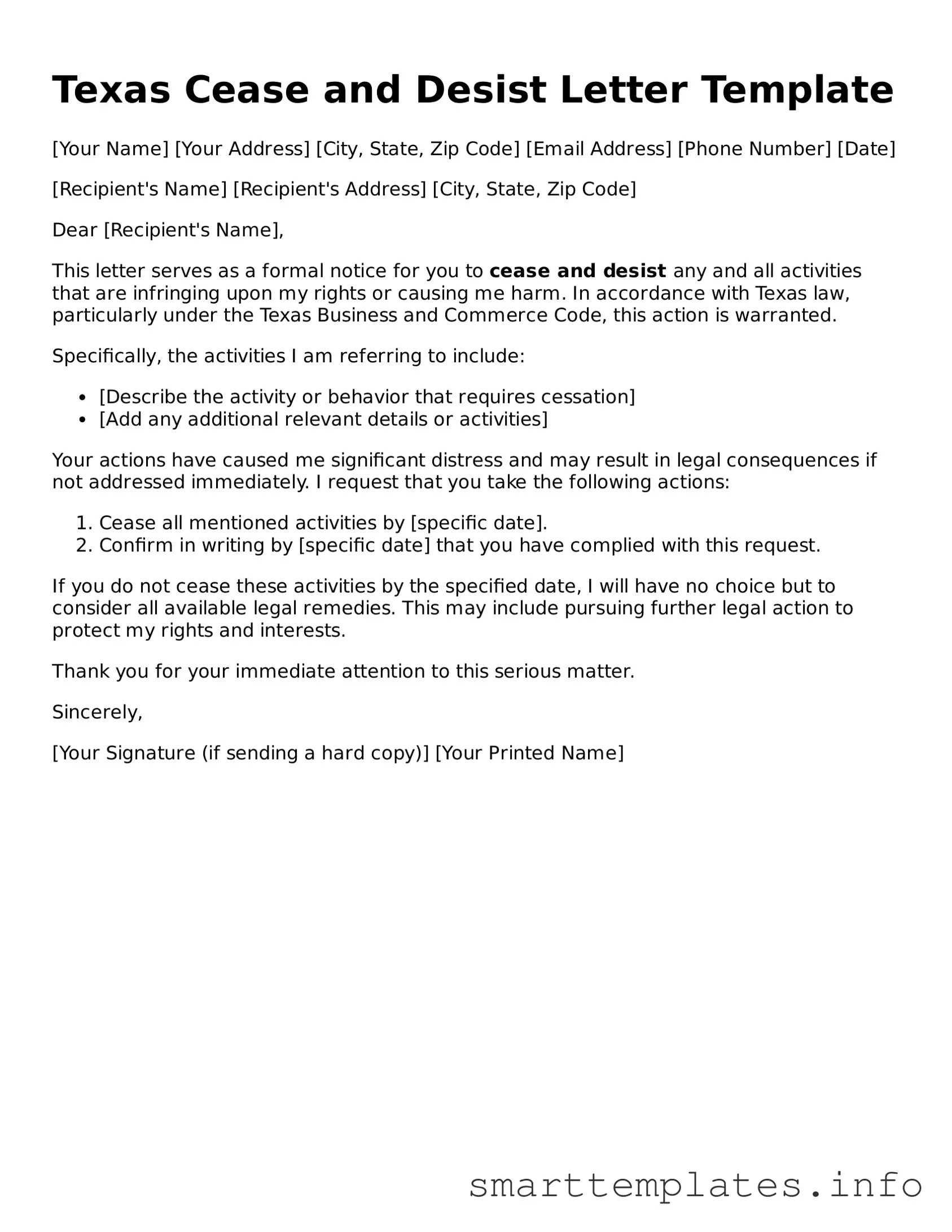 Legal Cease and Desist Letter Template for Texas State