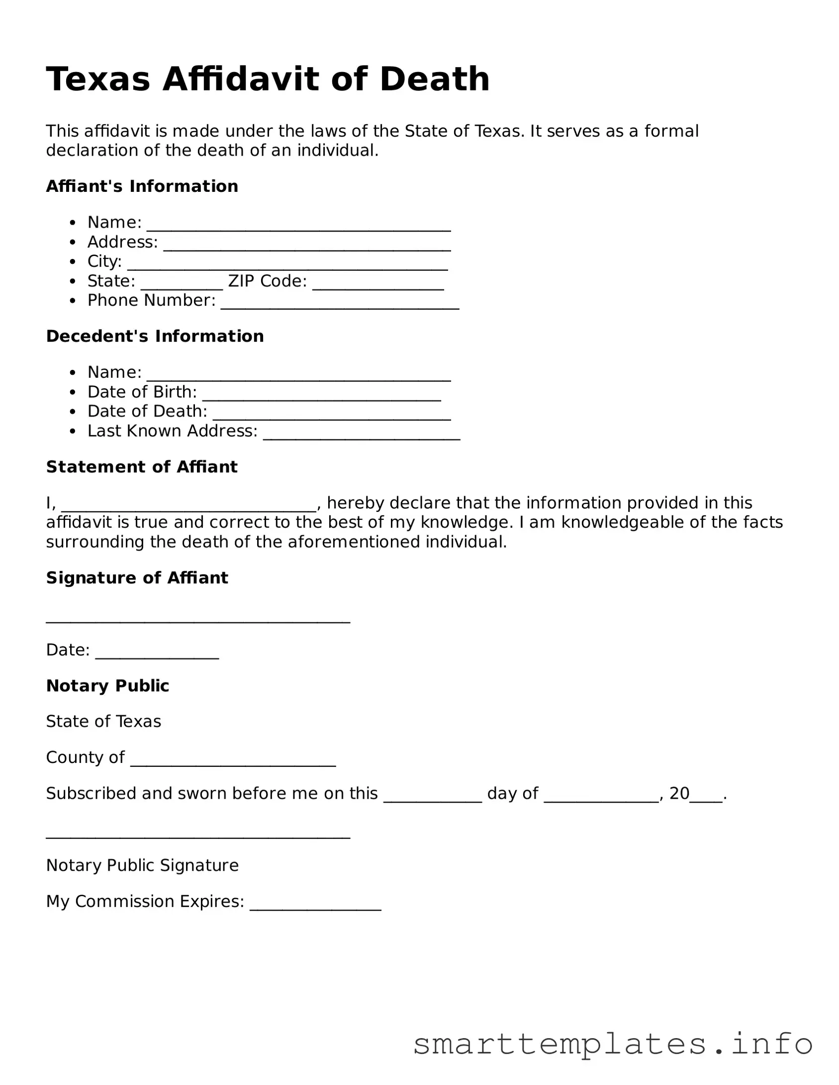 Legal Affidavit of Death Template for Texas State