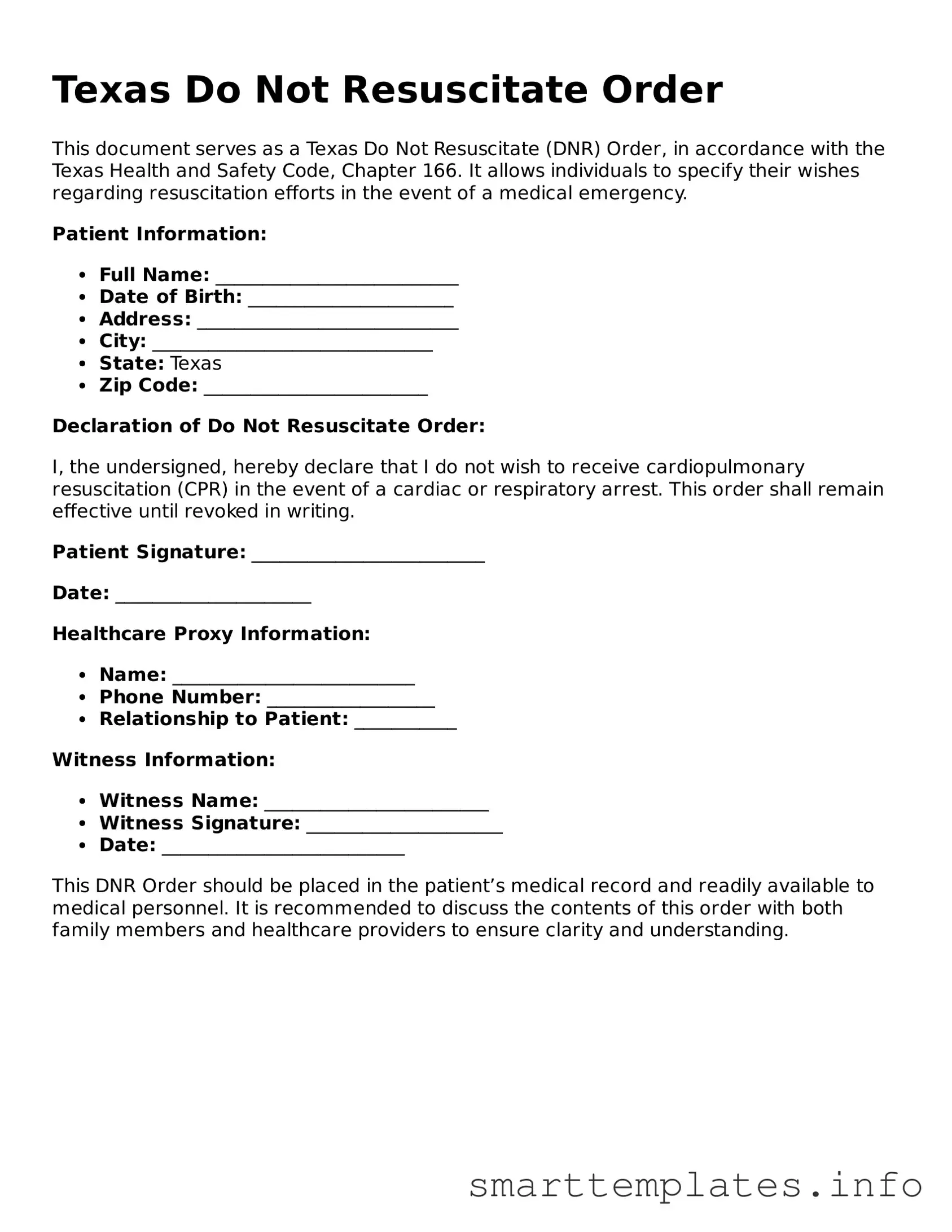 Legal Do Not Resuscitate Order Template for Texas State