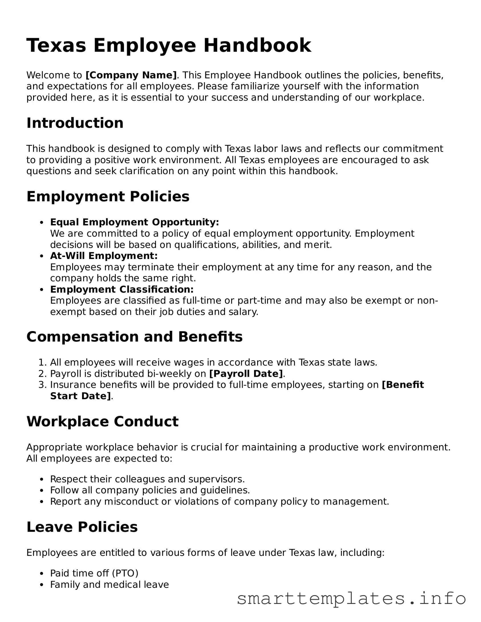 Legal Employee Handbook Template for Texas State