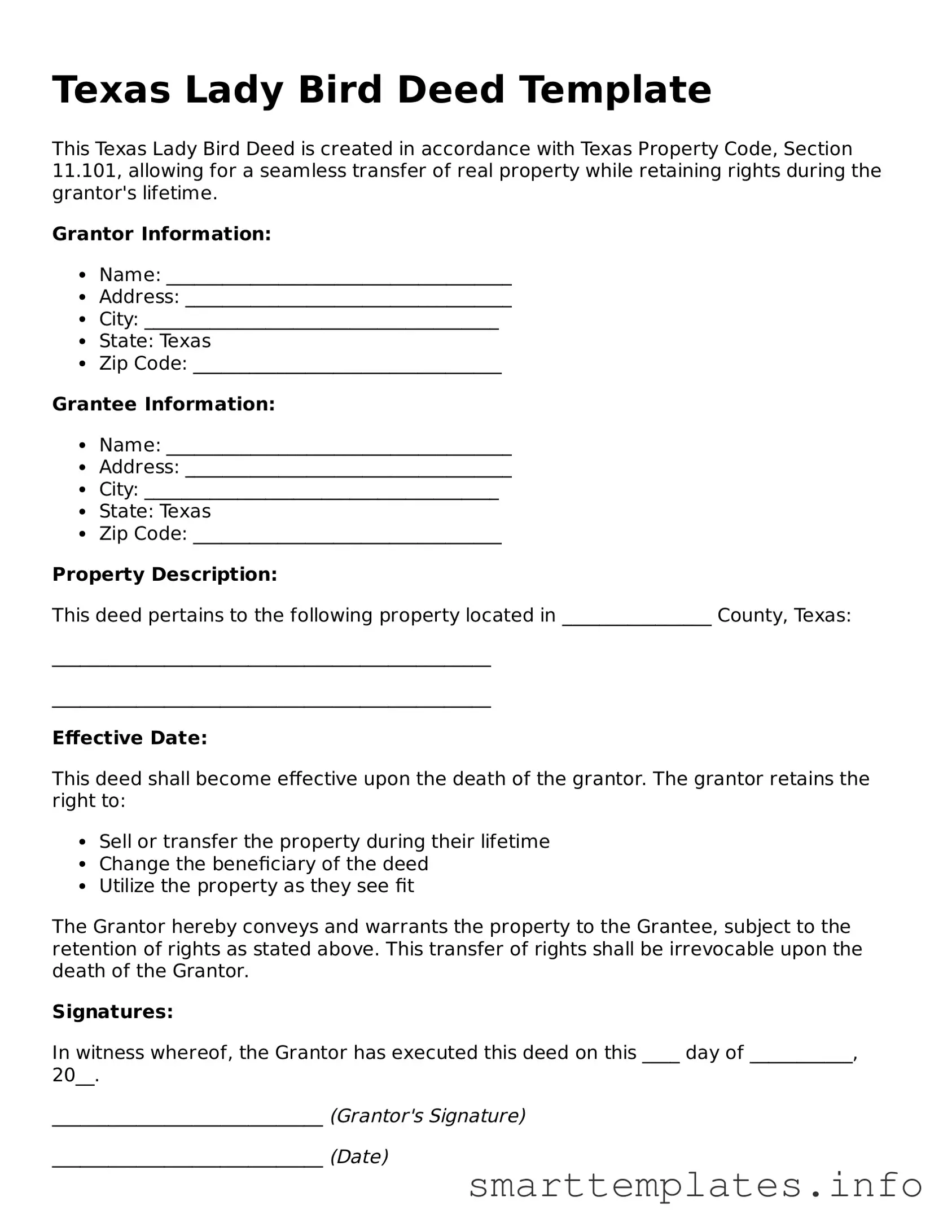 Legal Lady Bird Deed Template for Texas State