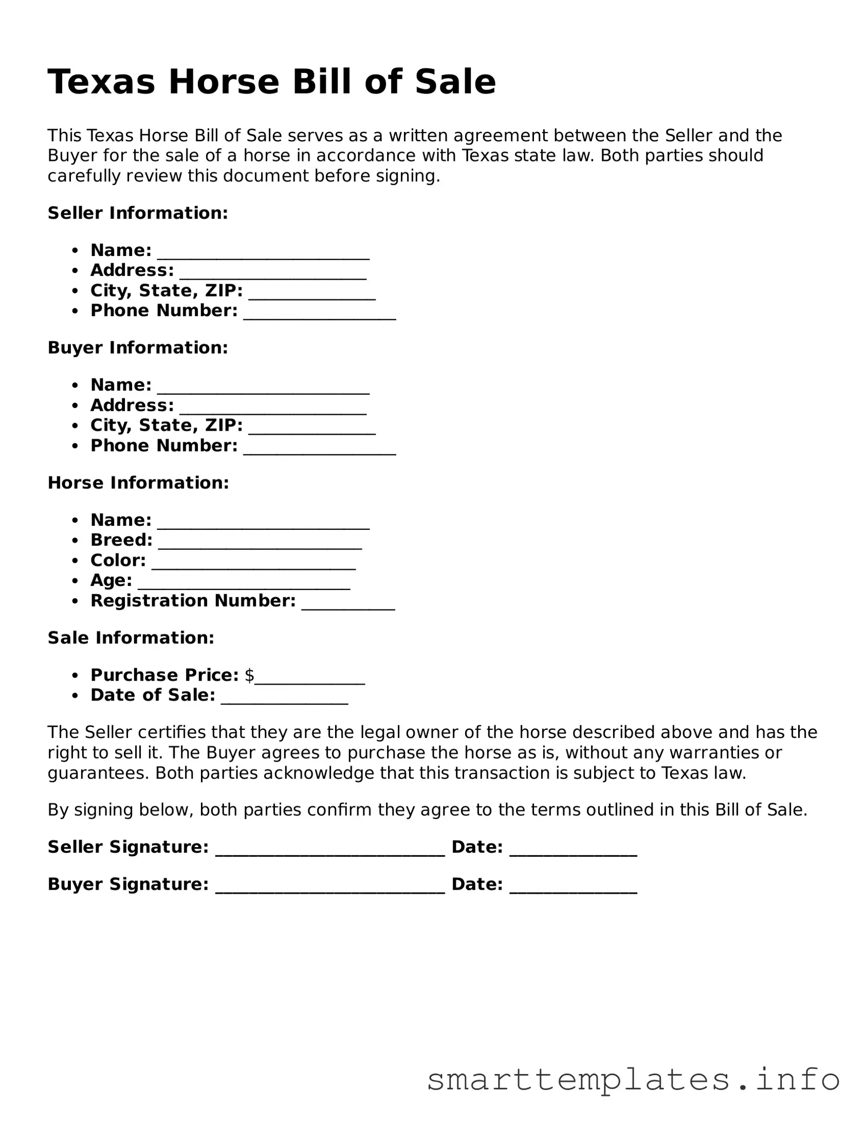 Legal Horse Bill of Sale Template for Texas State