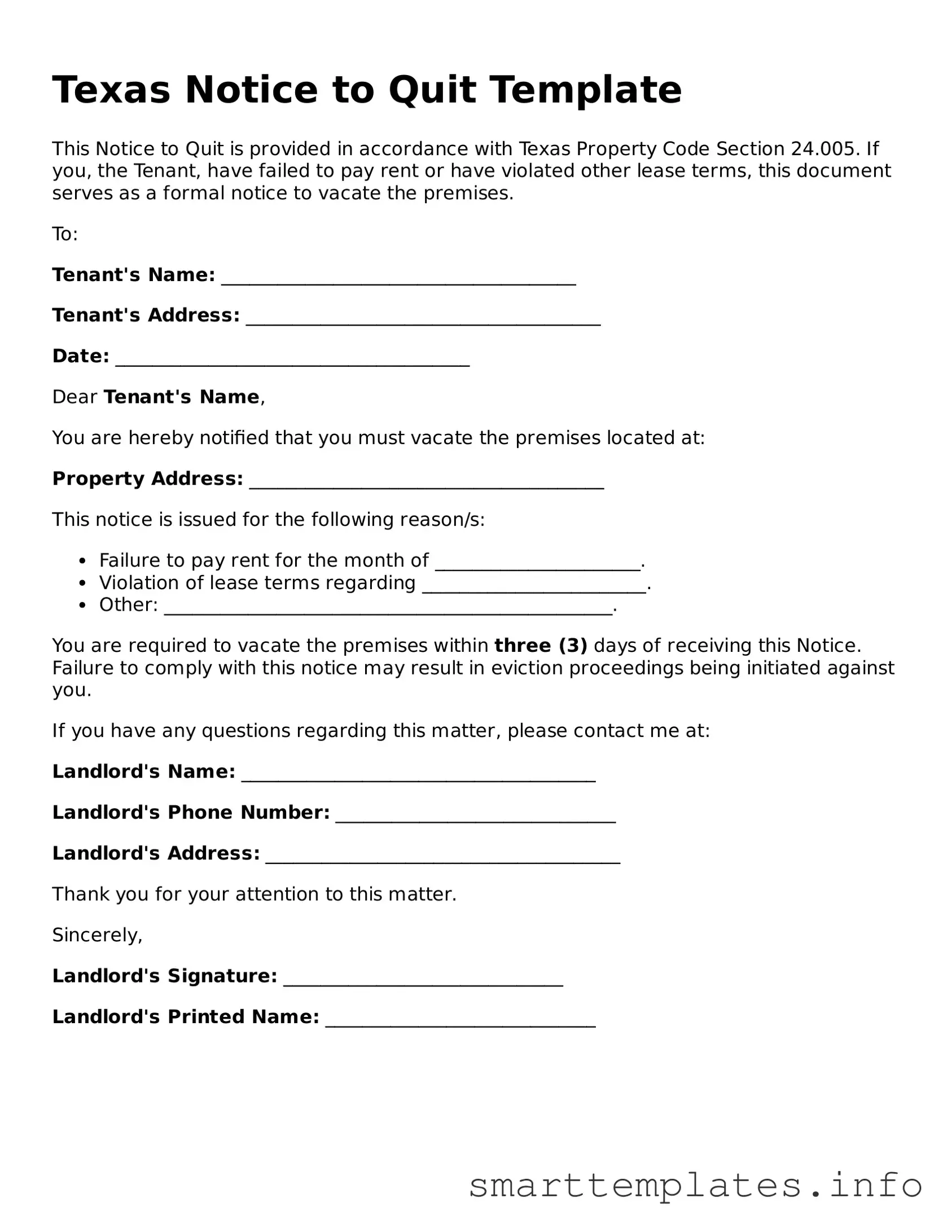 Legal Notice to Quit Template for Texas State