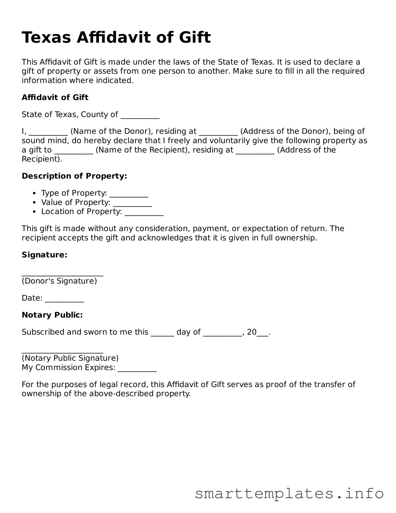 Legal Affidavit of Gift Template for Texas State
