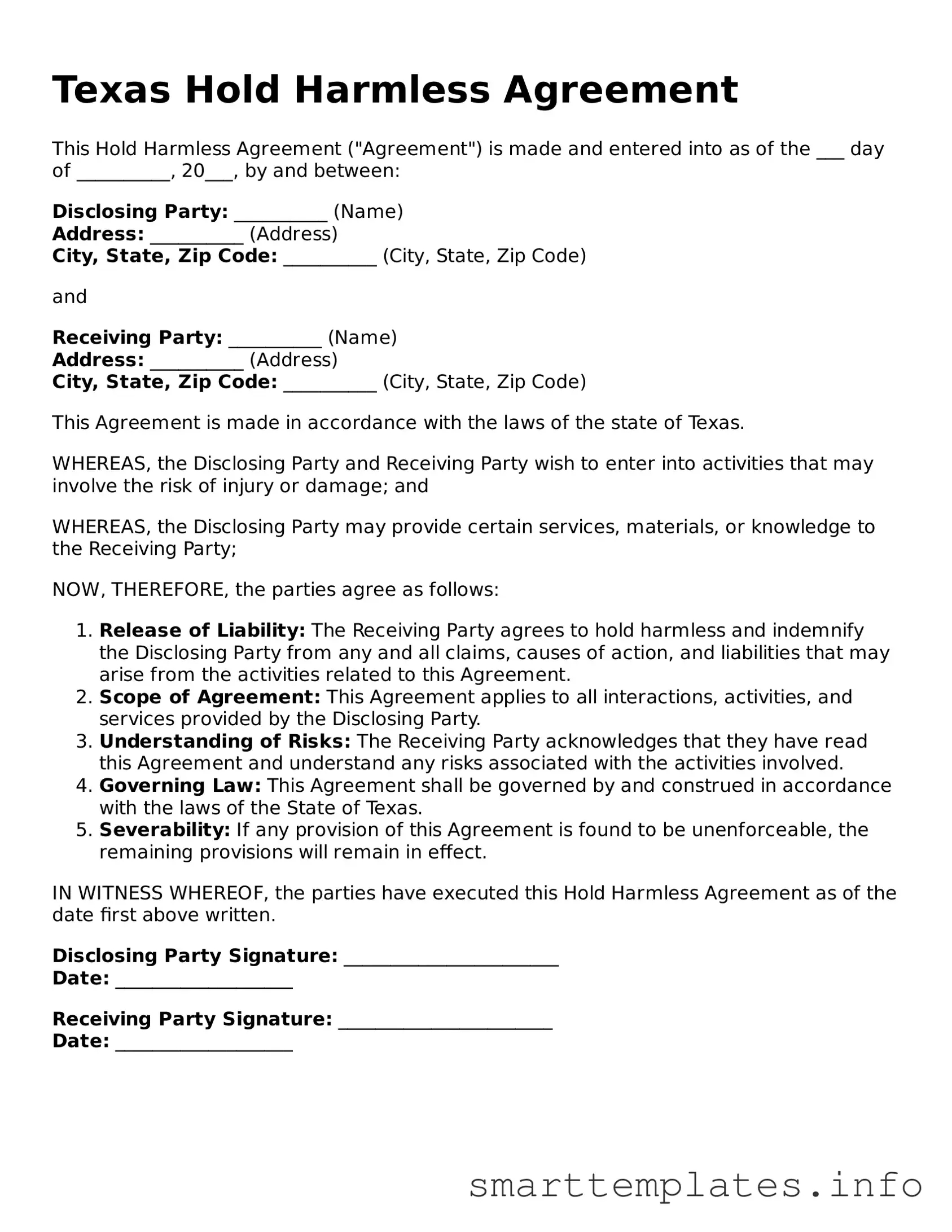 Legal Hold Harmless Agreement Template for Texas State