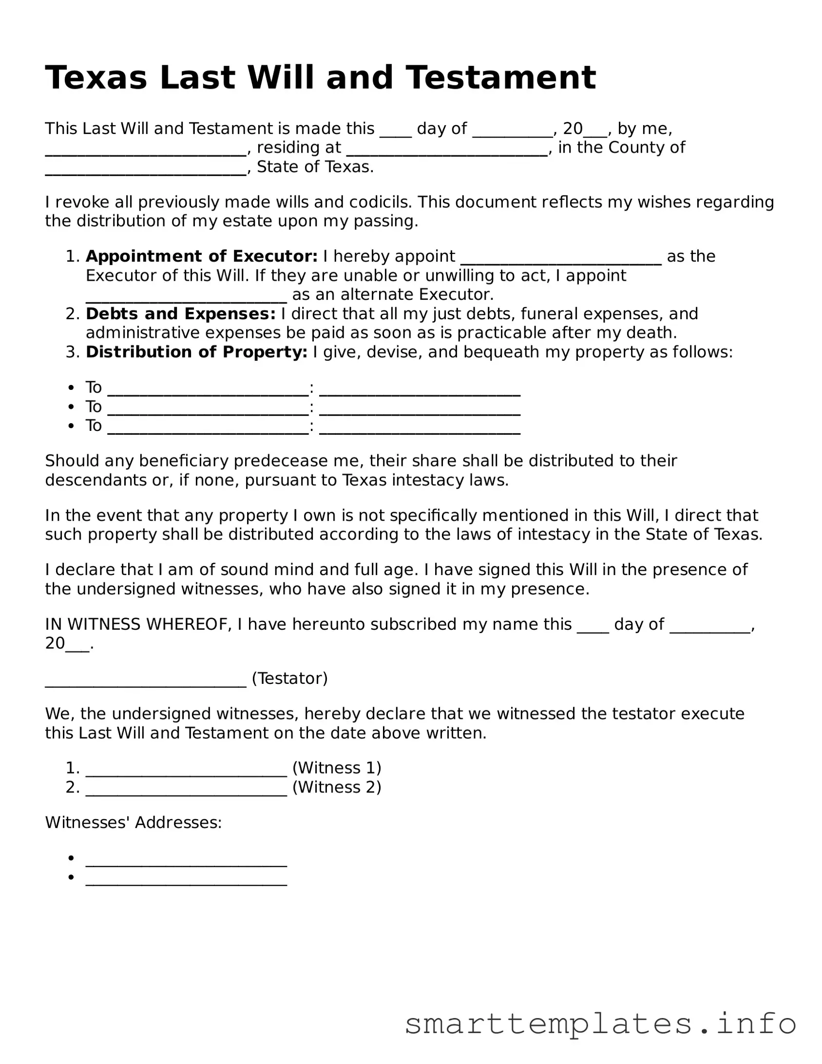 Legal Last Will and Testament Template for Texas State