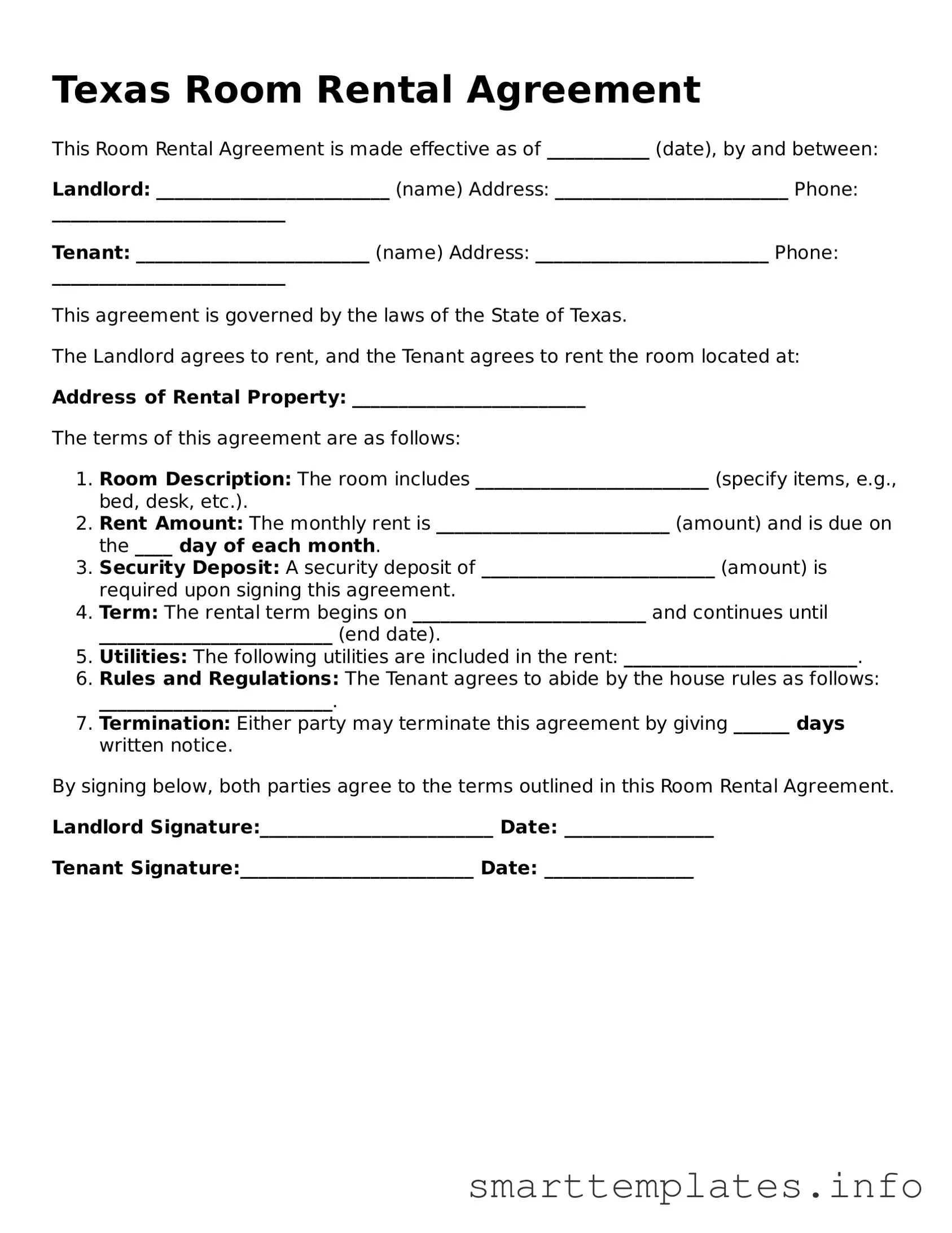 Legal Room Rental Agreement Template for Texas State