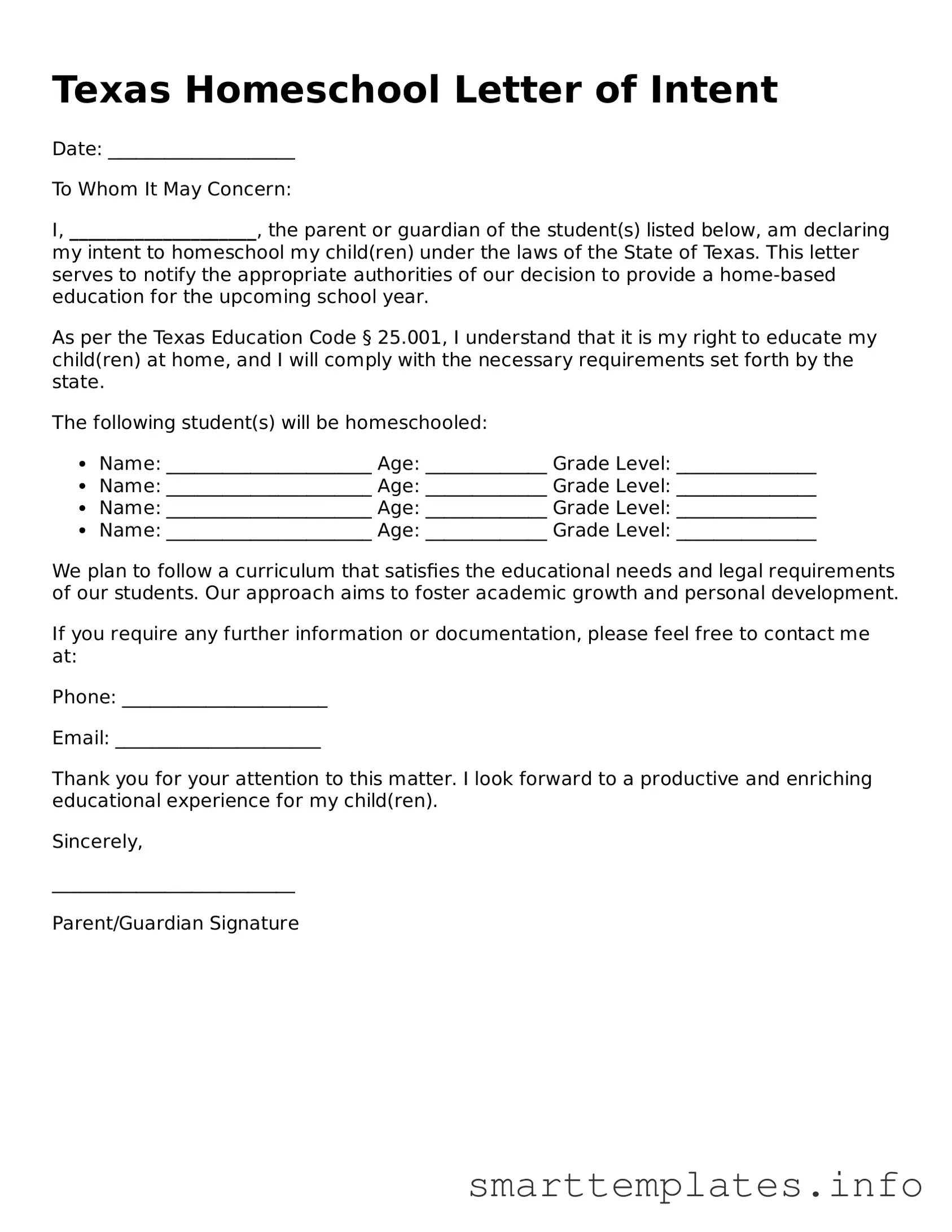Legal Homeschool Letter of Intent Template for Texas State