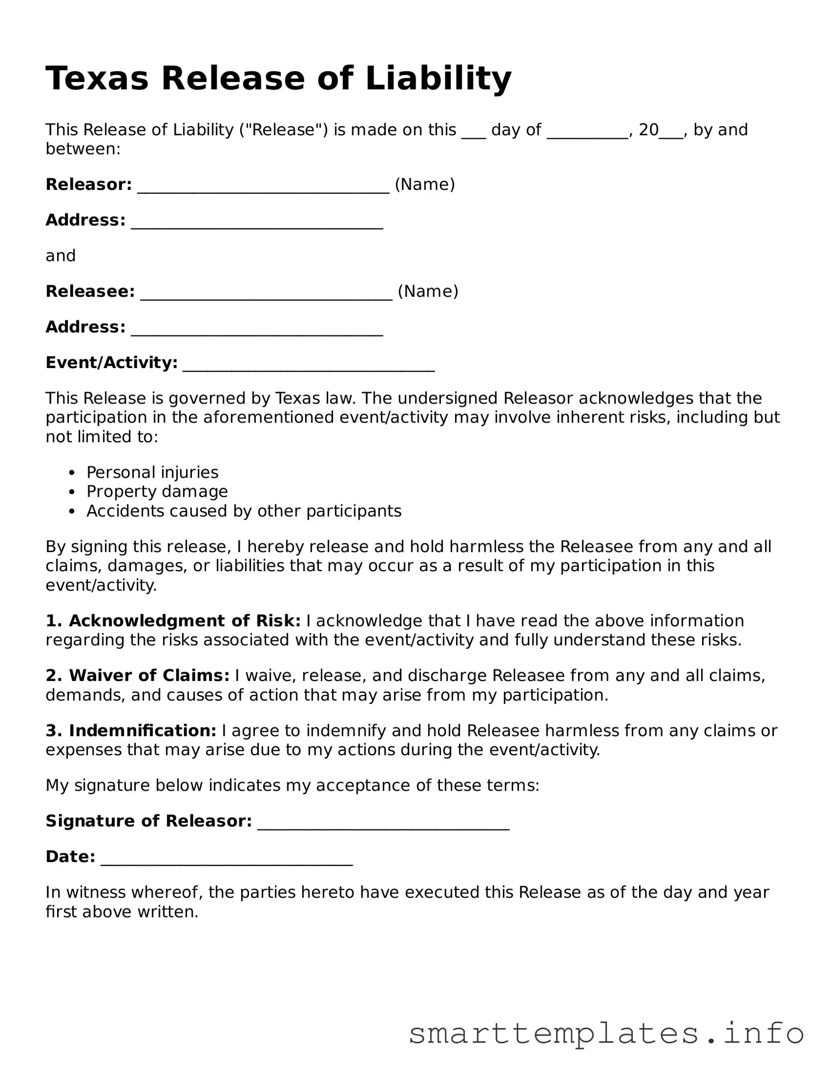 Legal Release of Liability Template for Texas State
