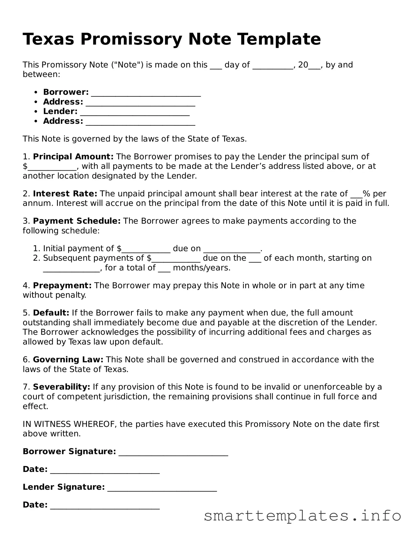 Legal Promissory Note Template for Texas State