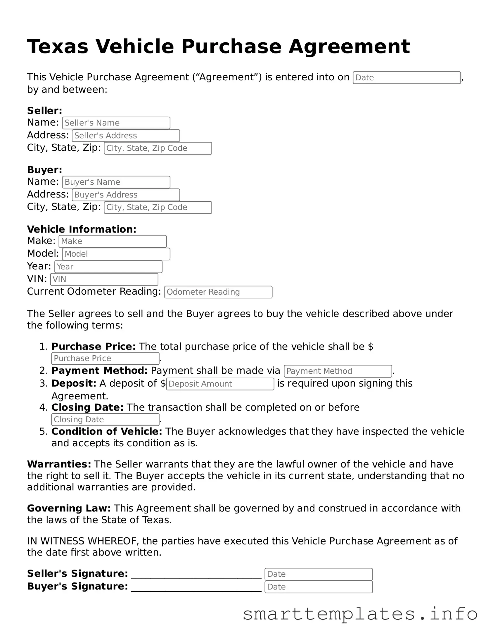 Legal Vehicle Purchase Agreement Template for Texas State