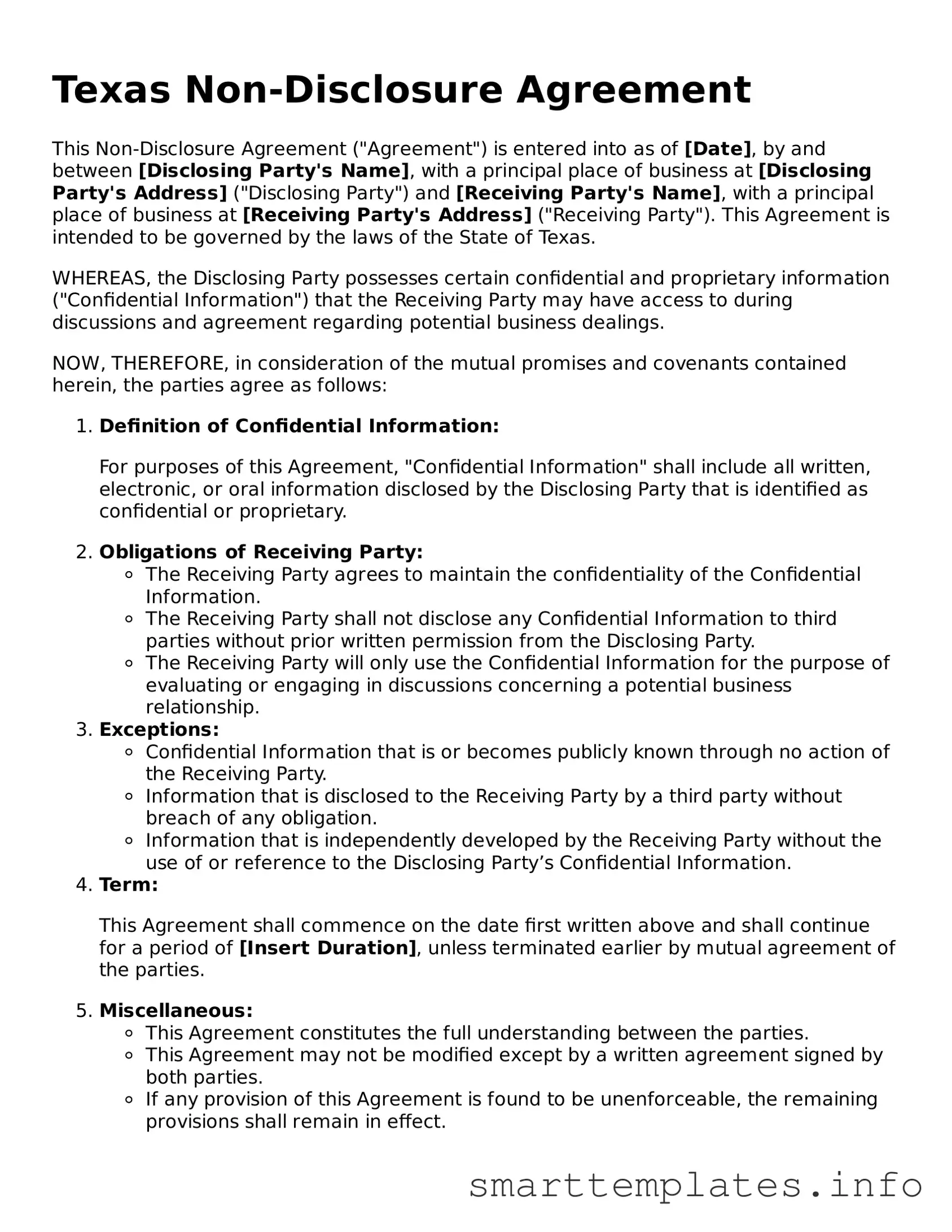 Legal Non-disclosure Agreement Template for Texas State