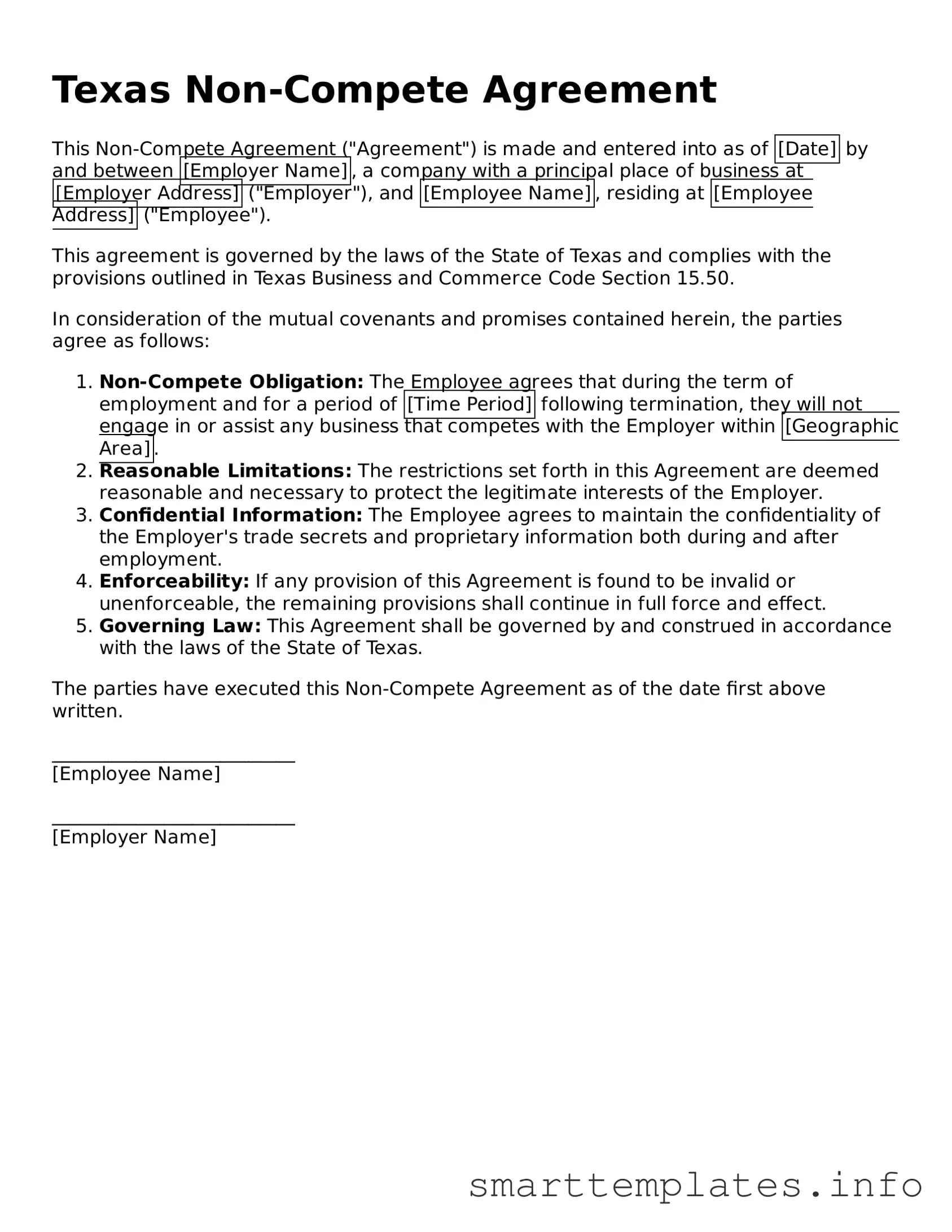 Legal Non-compete Agreement Template for Texas State