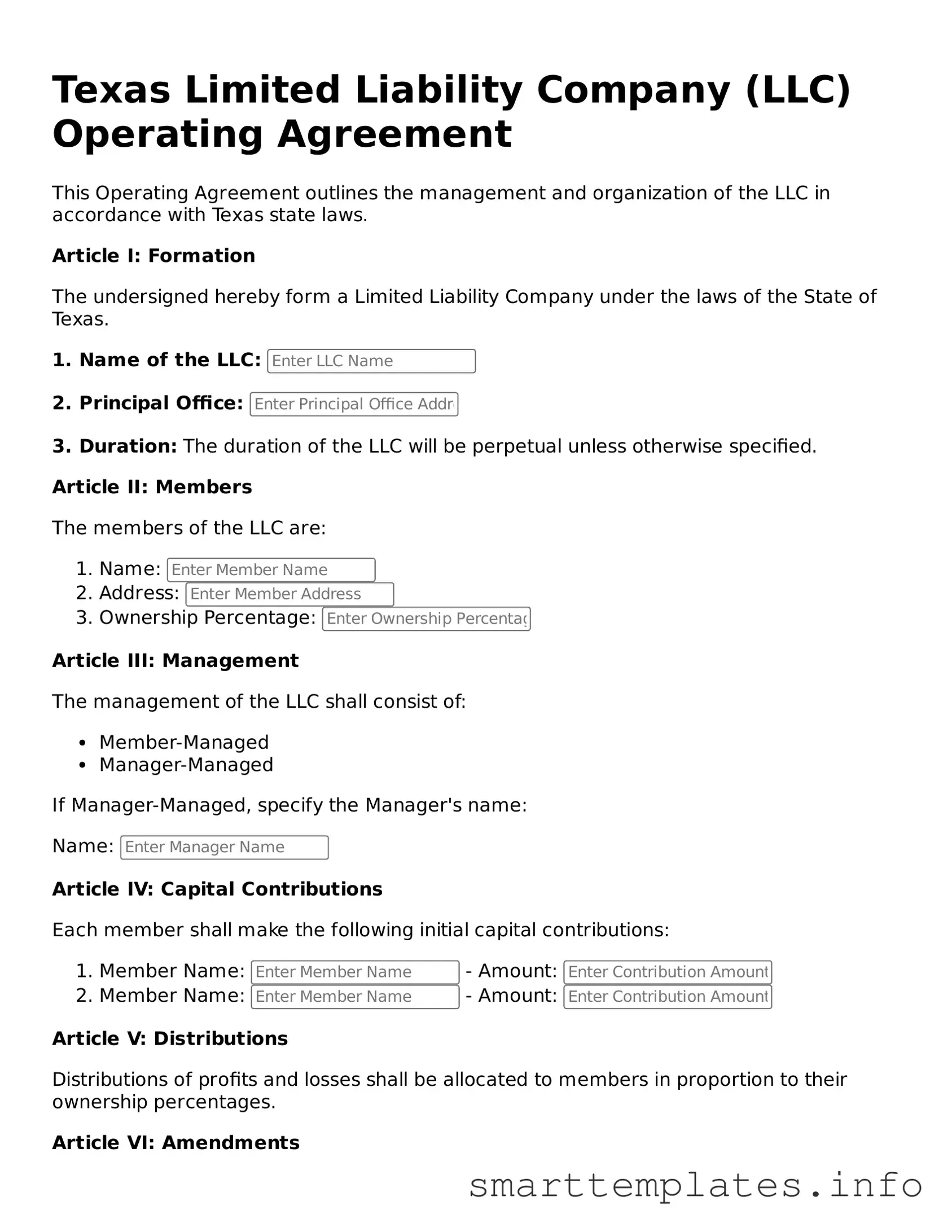 Legal Operating Agreement Template for Texas State