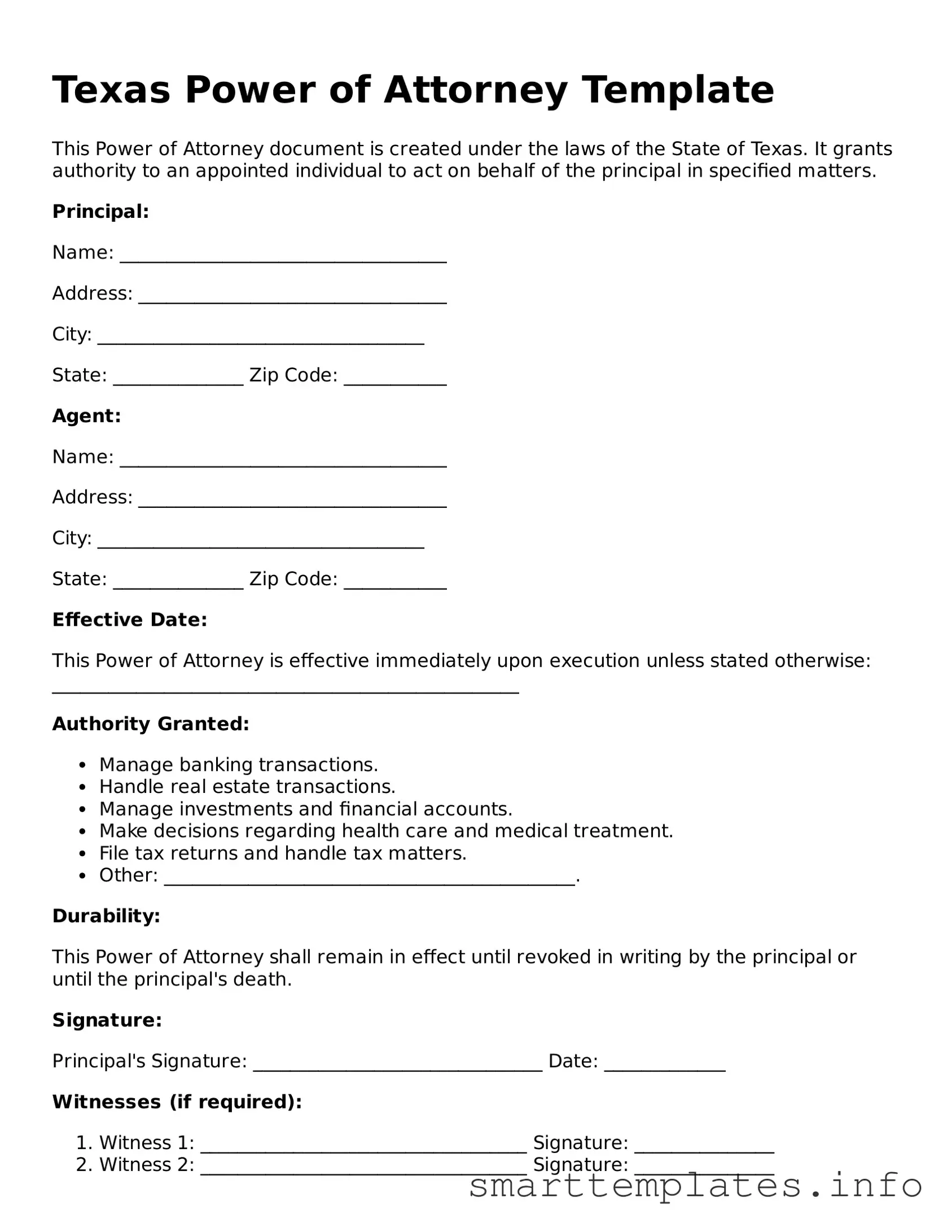 Legal Power of Attorney Template for Texas State