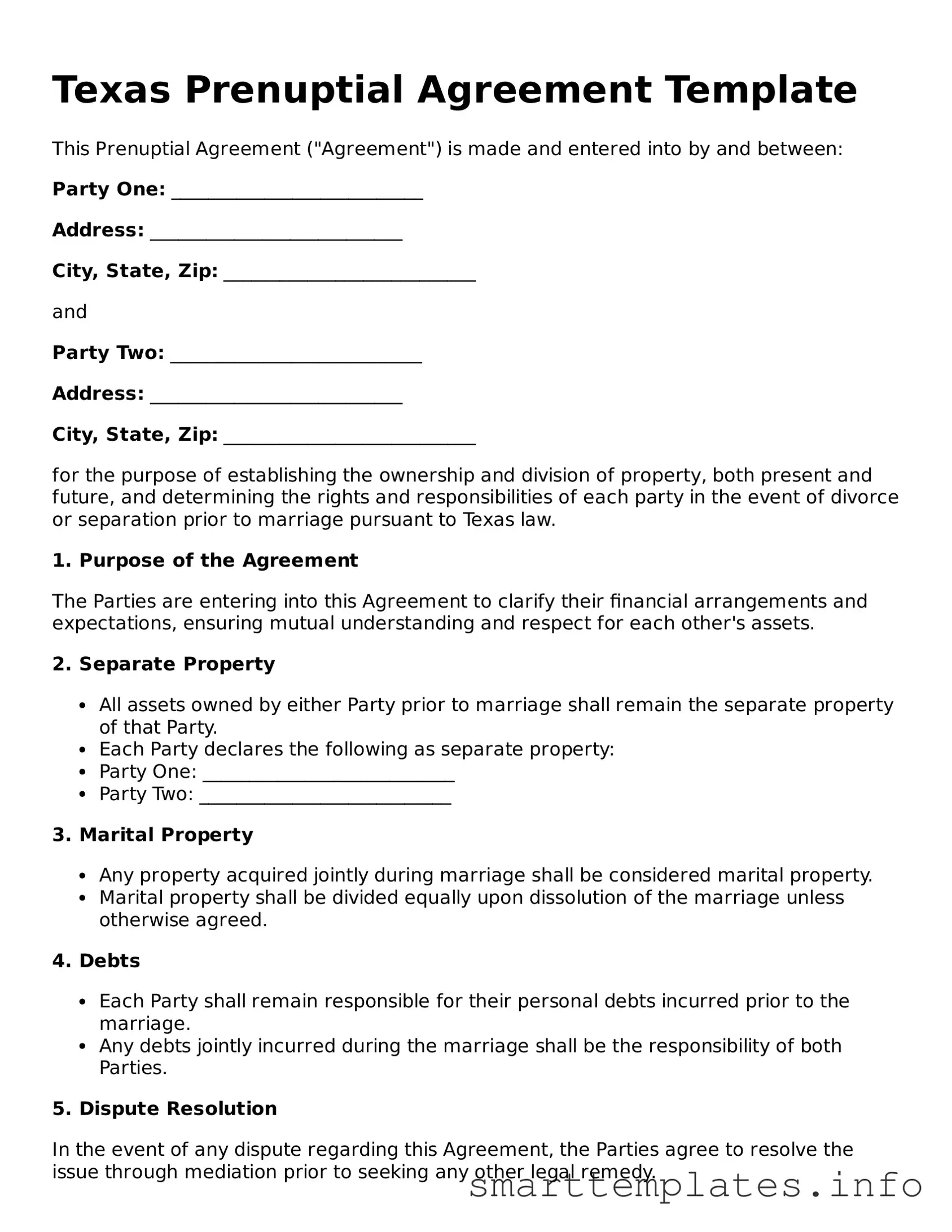 Legal Prenuptial Agreement Template for Texas State